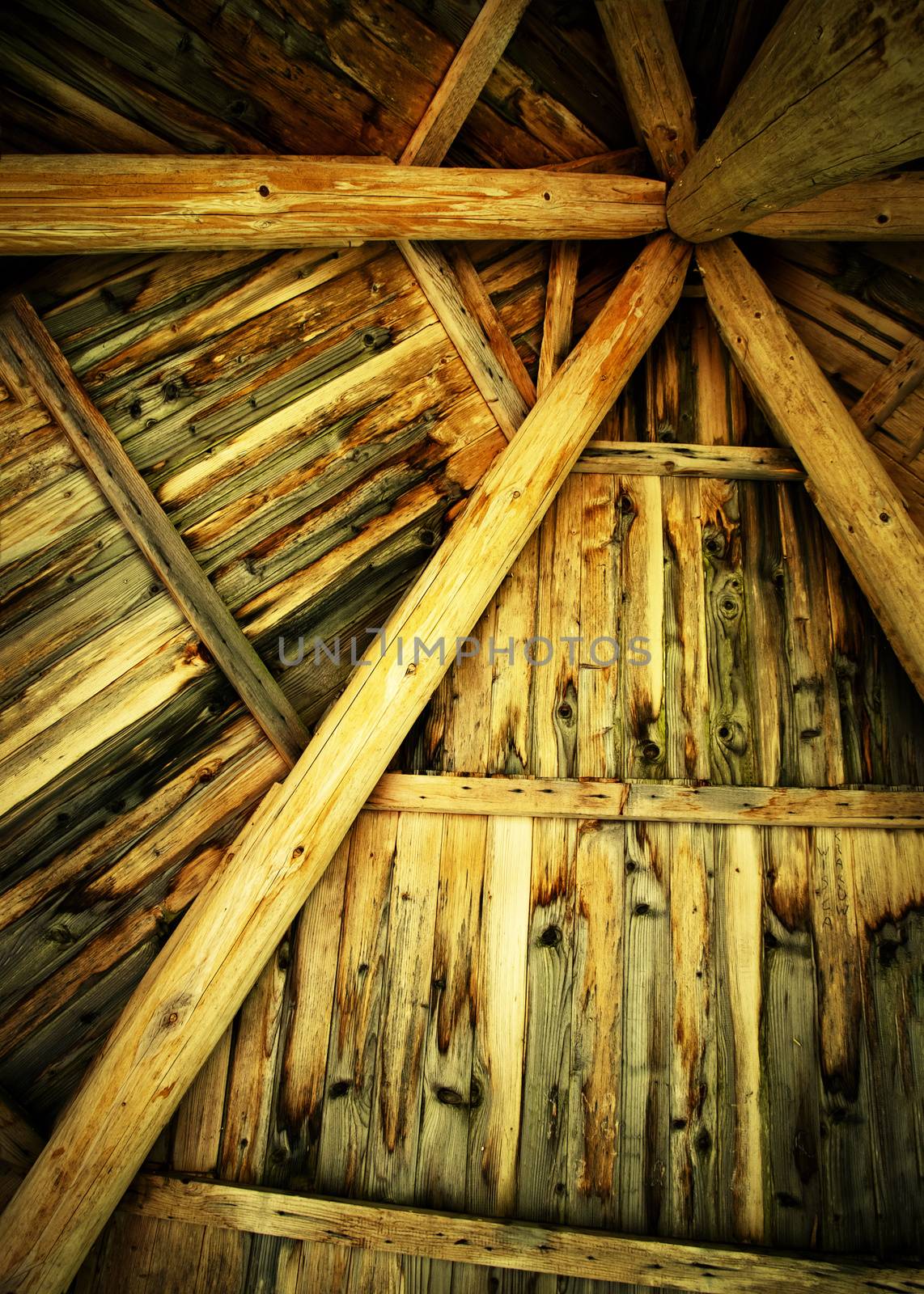 background or texture the roof of the old wooden shelter from the inside