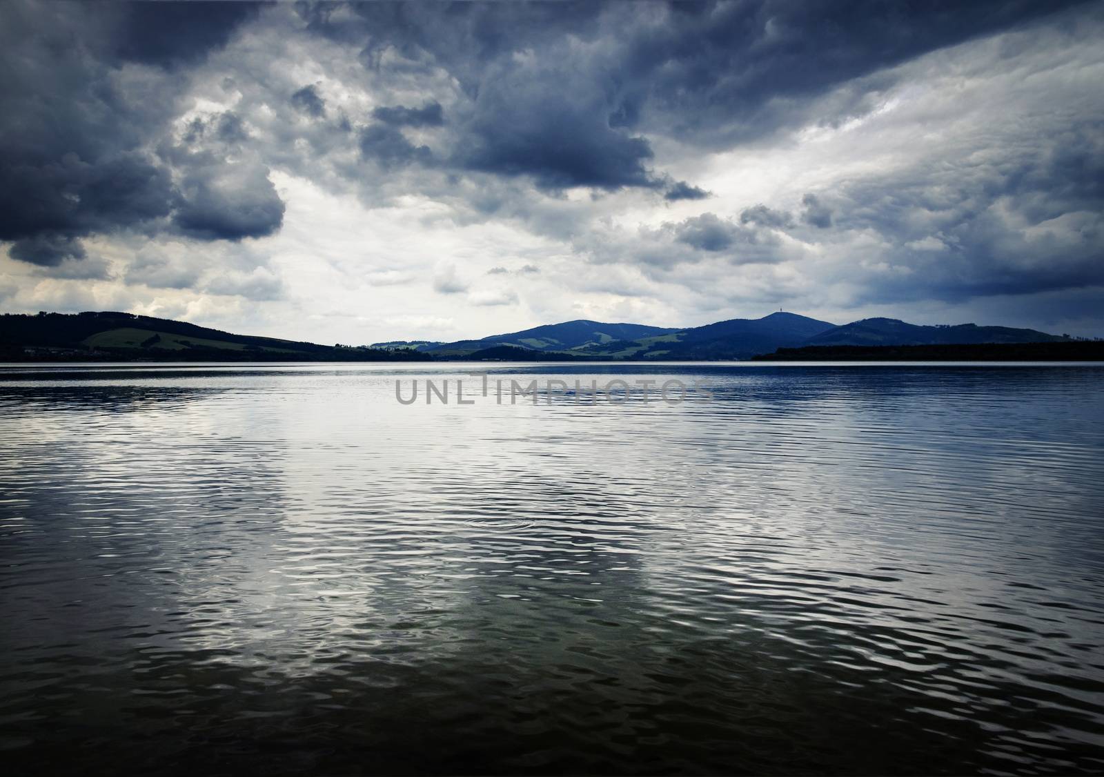 nature background landscape with lake before the storm