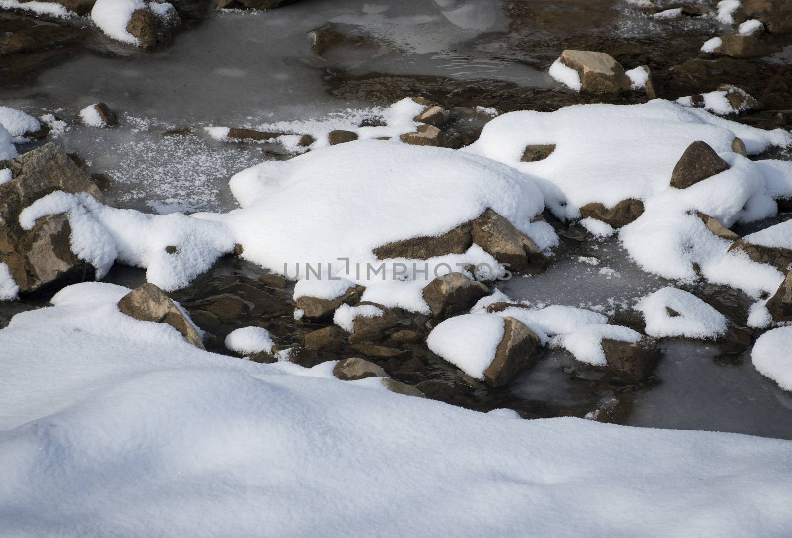 nature seasonal winter background snow on the freezing edge of the river