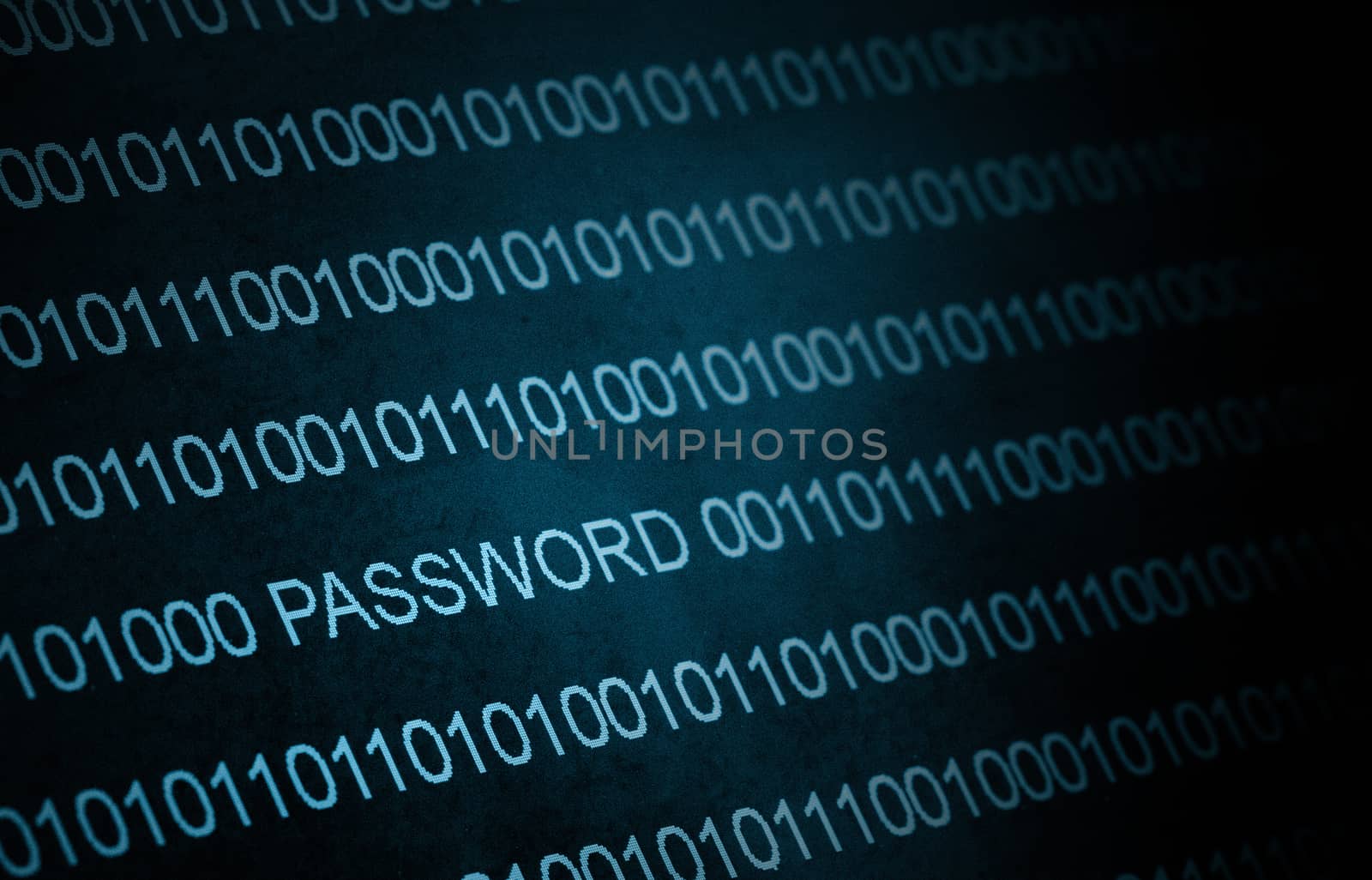 Binary code, password on LCD-screen, selective focus, grain effect