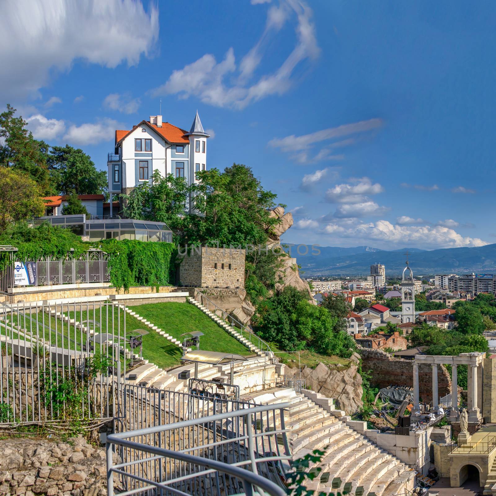 Plovdiv, Bulgaria - 07.24.2019. Ancient Roman amphitheater in Plovdiv, Bulgaria. Big size panoramic view on a sunny summer day