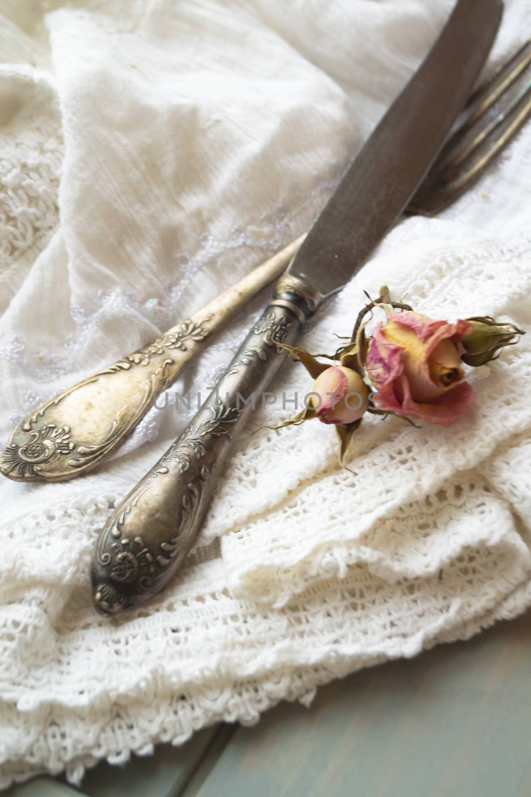 vintage cutlery set with fork and knife, vertical