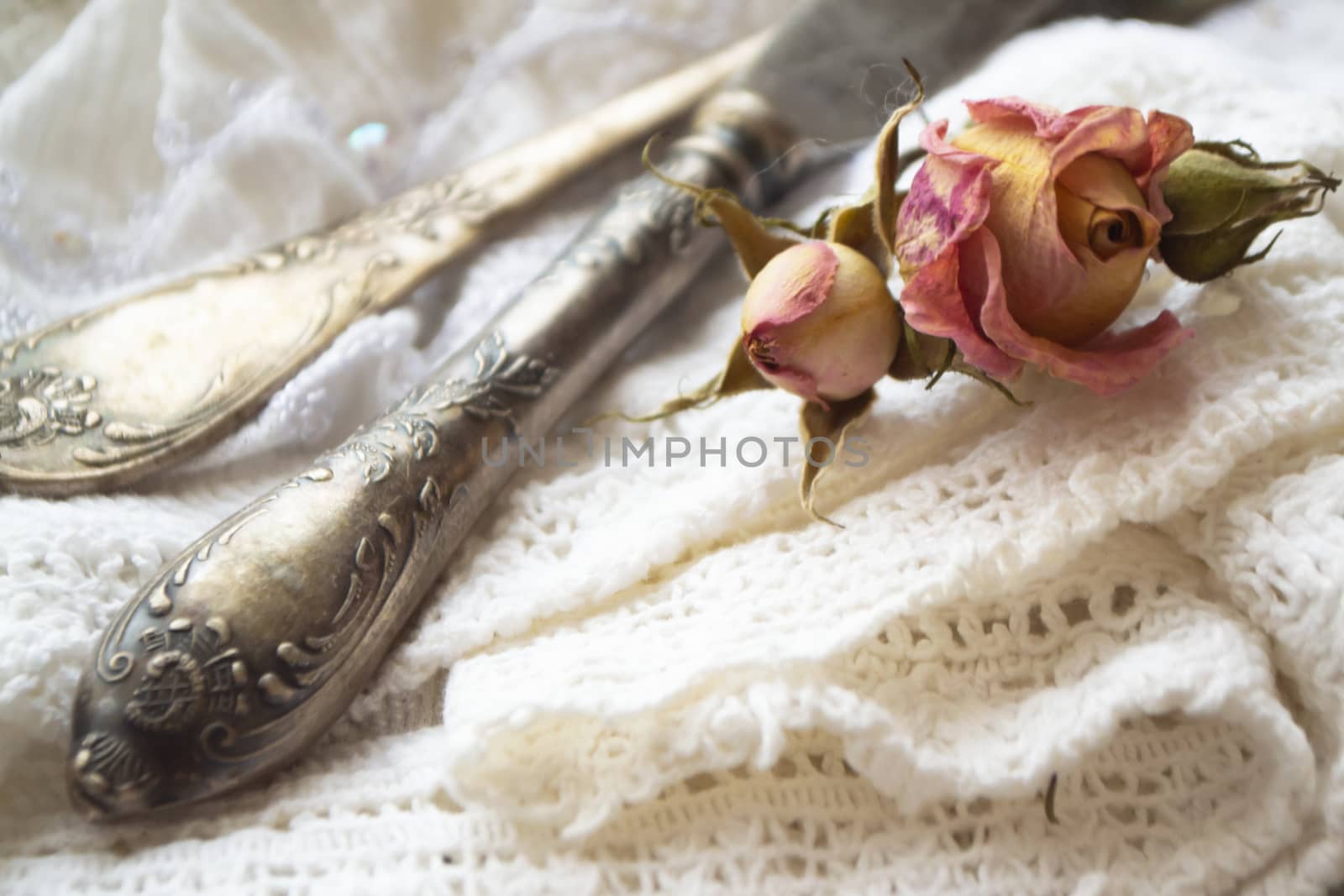 old silver fork with knife over the white vintage napkin and dry pink roses