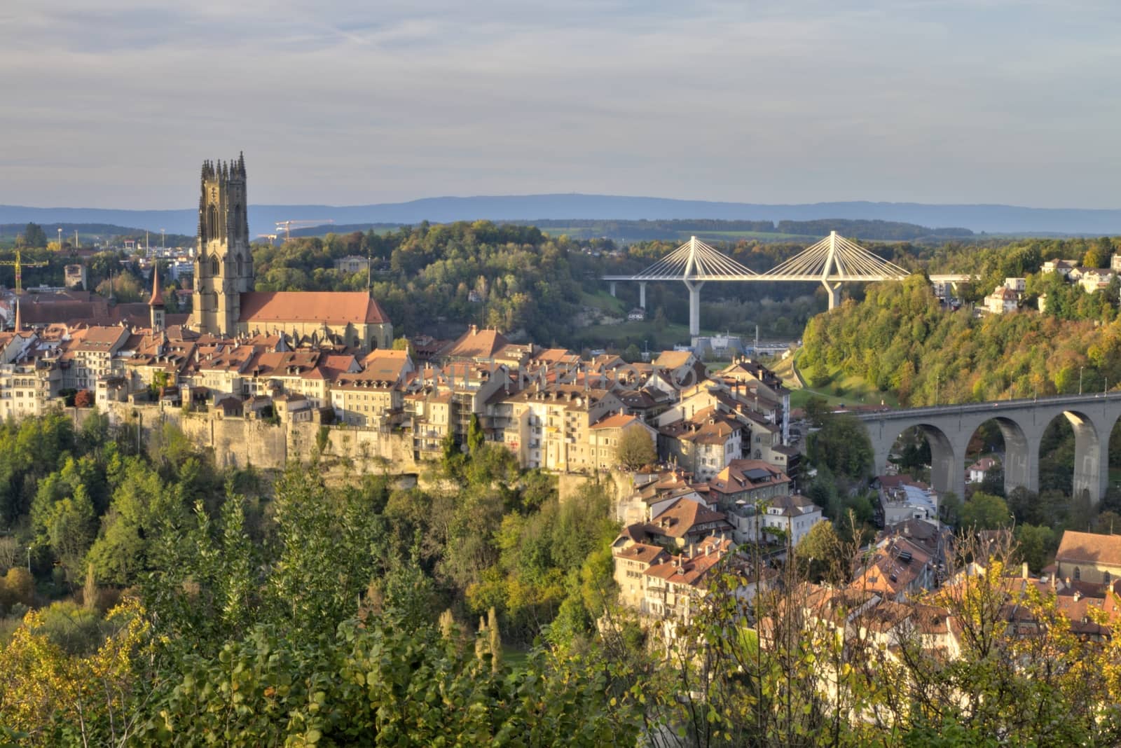 View of cathedral, Poya and Zaehringen bridge, Fribourg, Switzerland, HDR by Elenaphotos21