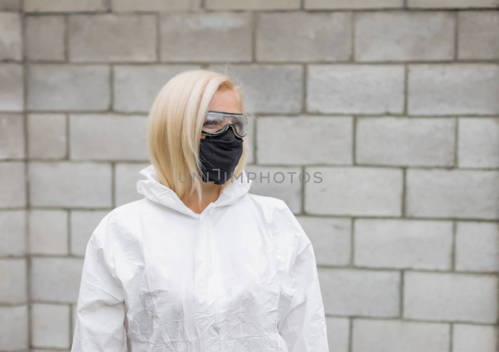 Woman in black mask and white protective suit by Angel_a