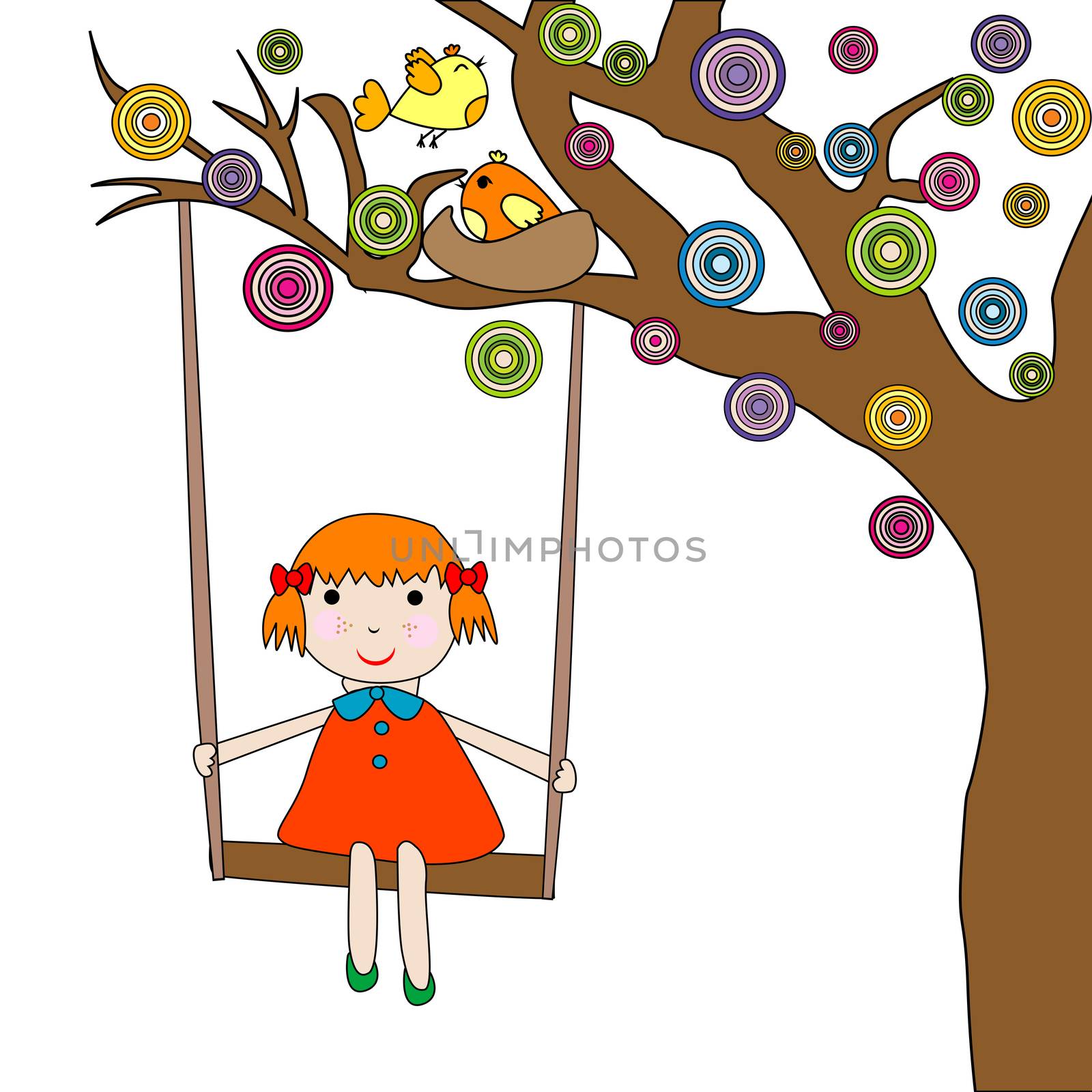 Doodle cartoon girl swinging on a swing