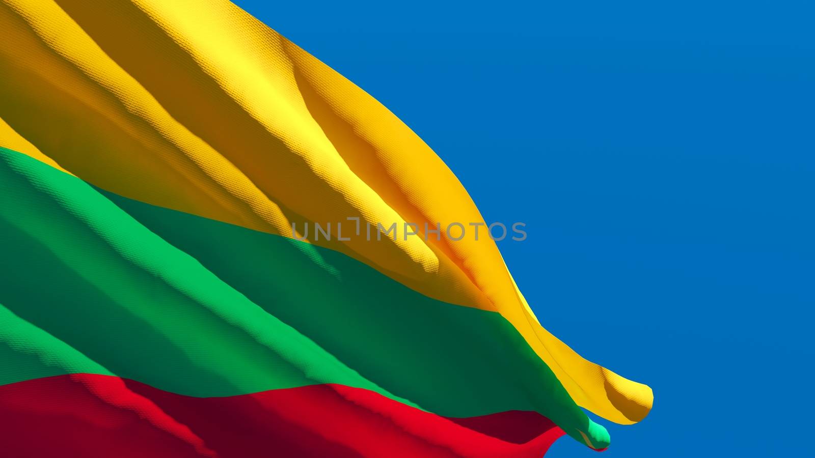 3D rendering of the Lithuania national flag against a blue sky.