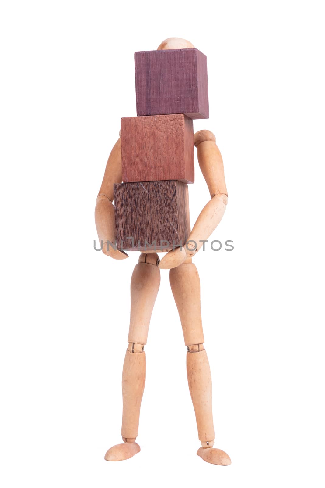 Wooden mannequin carrying wooden hardwood blocks by michaklootwijk