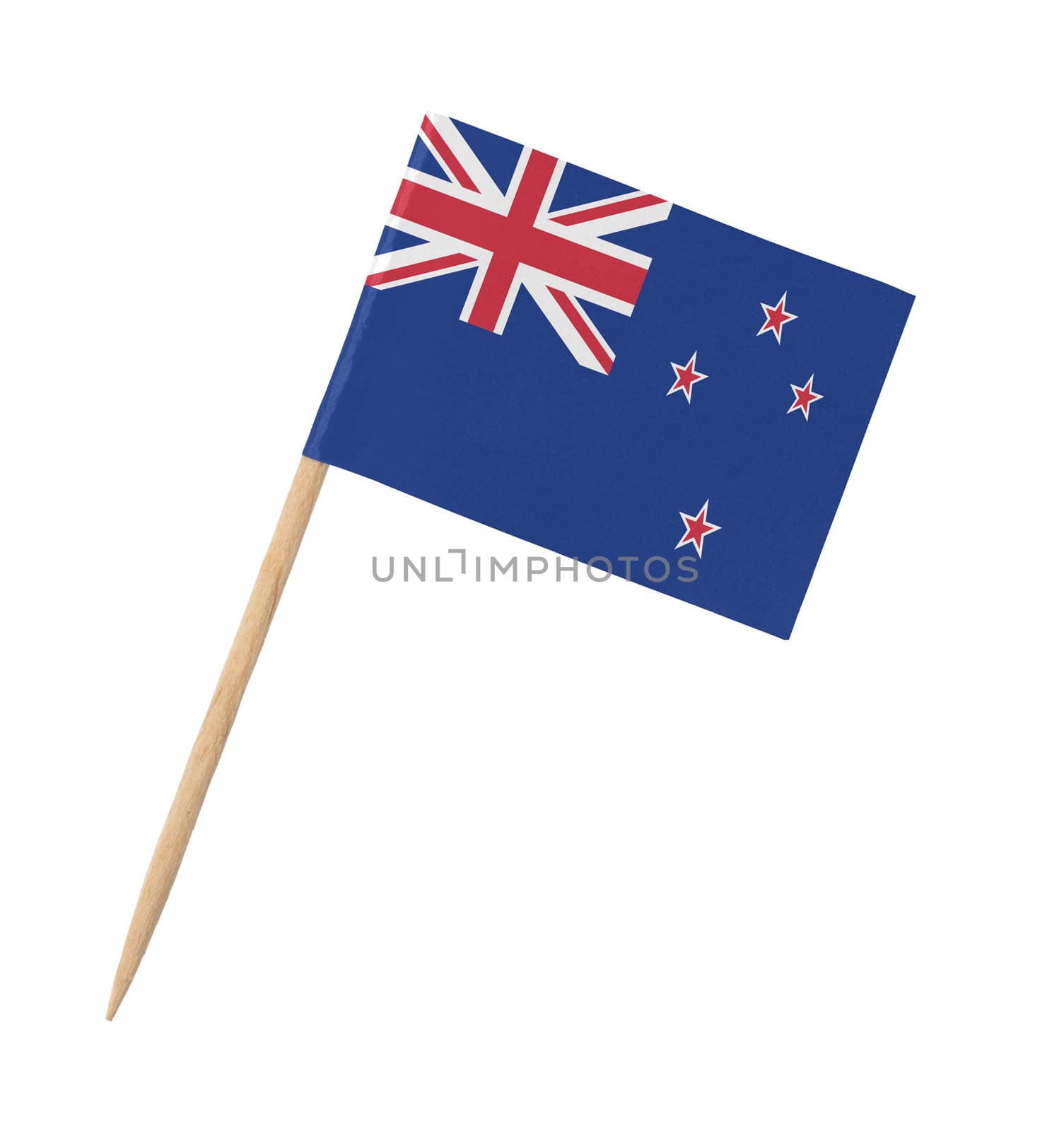 Small paper flag of New Zealand on wooden stick, isolated on white