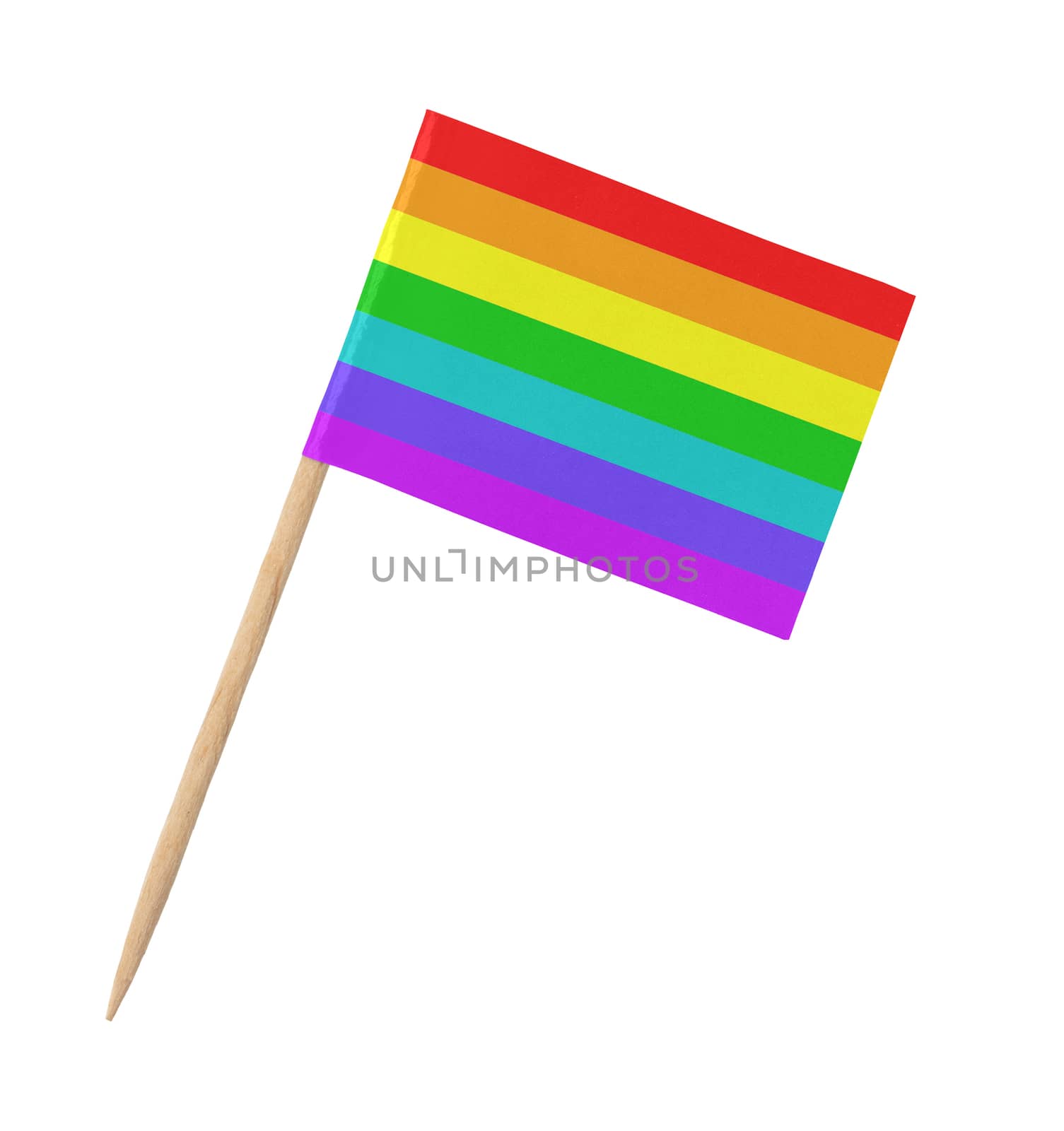 Small paper rainbow flag on wooden stick, isolated on white