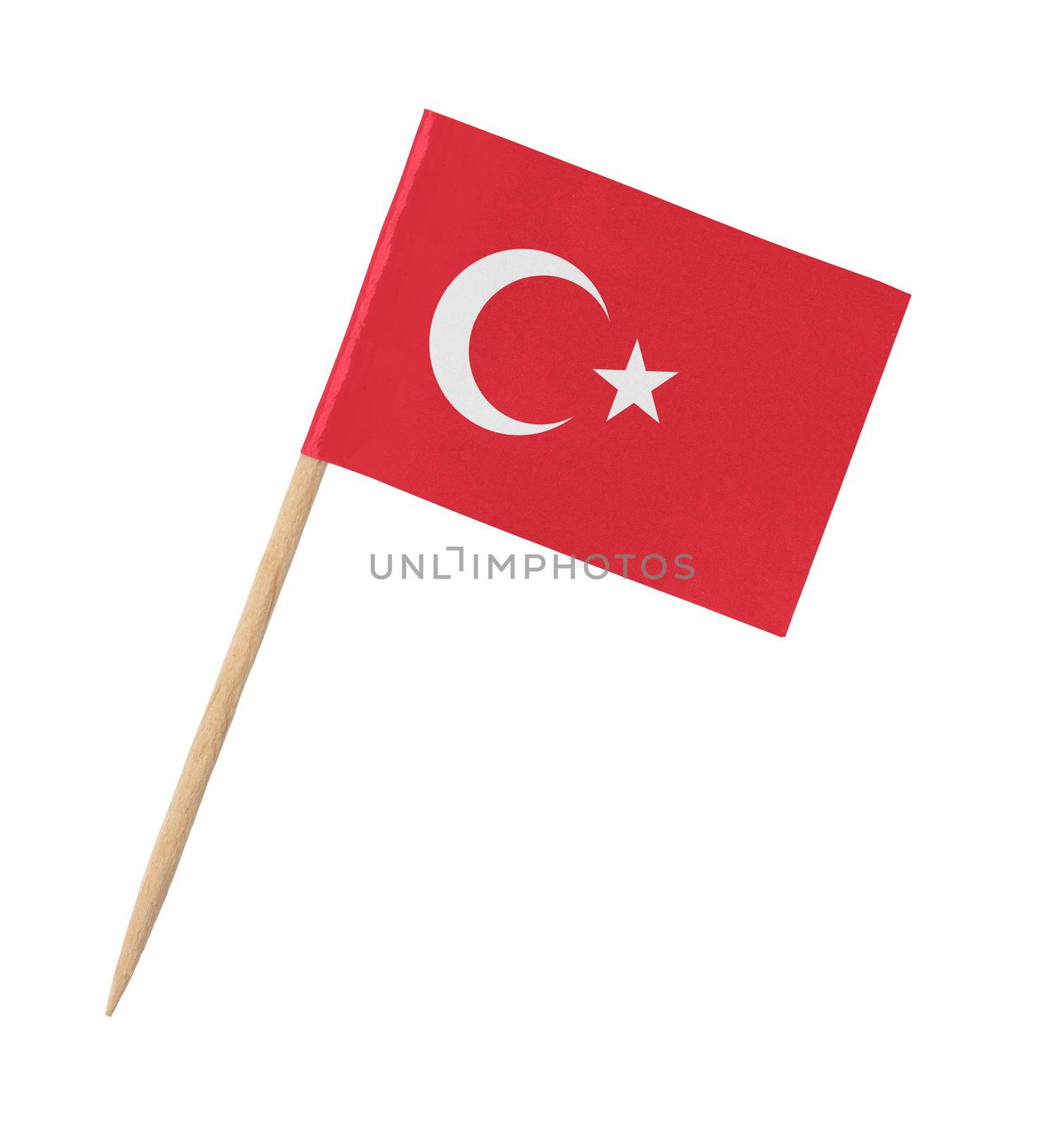 Small paper Turkish flag on wooden stick, isolated on white