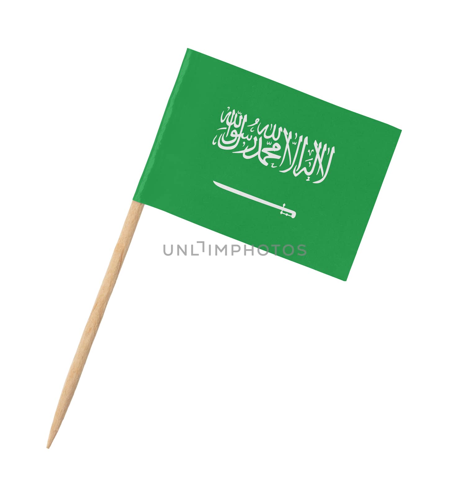 Small paper flag of Saudi Arabia on wooden stick, isolated on white