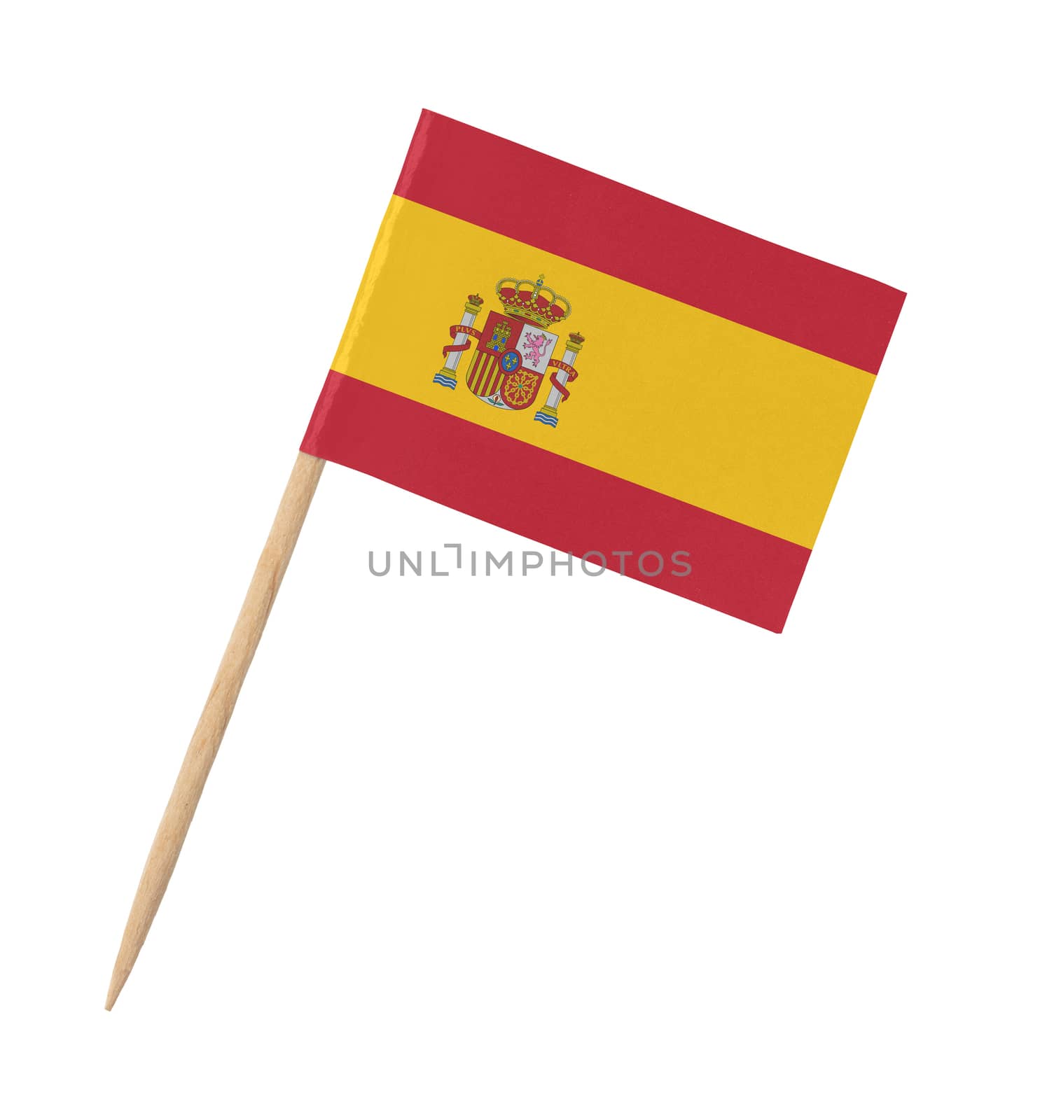 Small paper Spanish flag on wooden stick, isolated on white