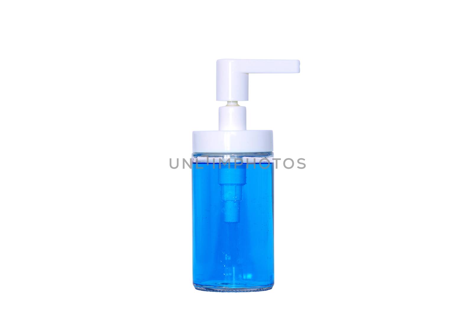 blue medical sterilizing dispenser bottle over white background