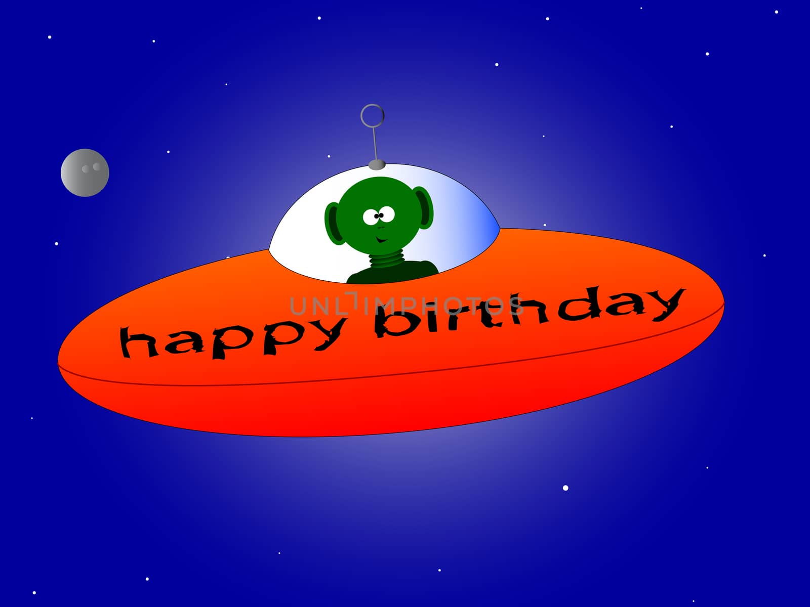A happy birthday mesage from a flying saucer and alien.