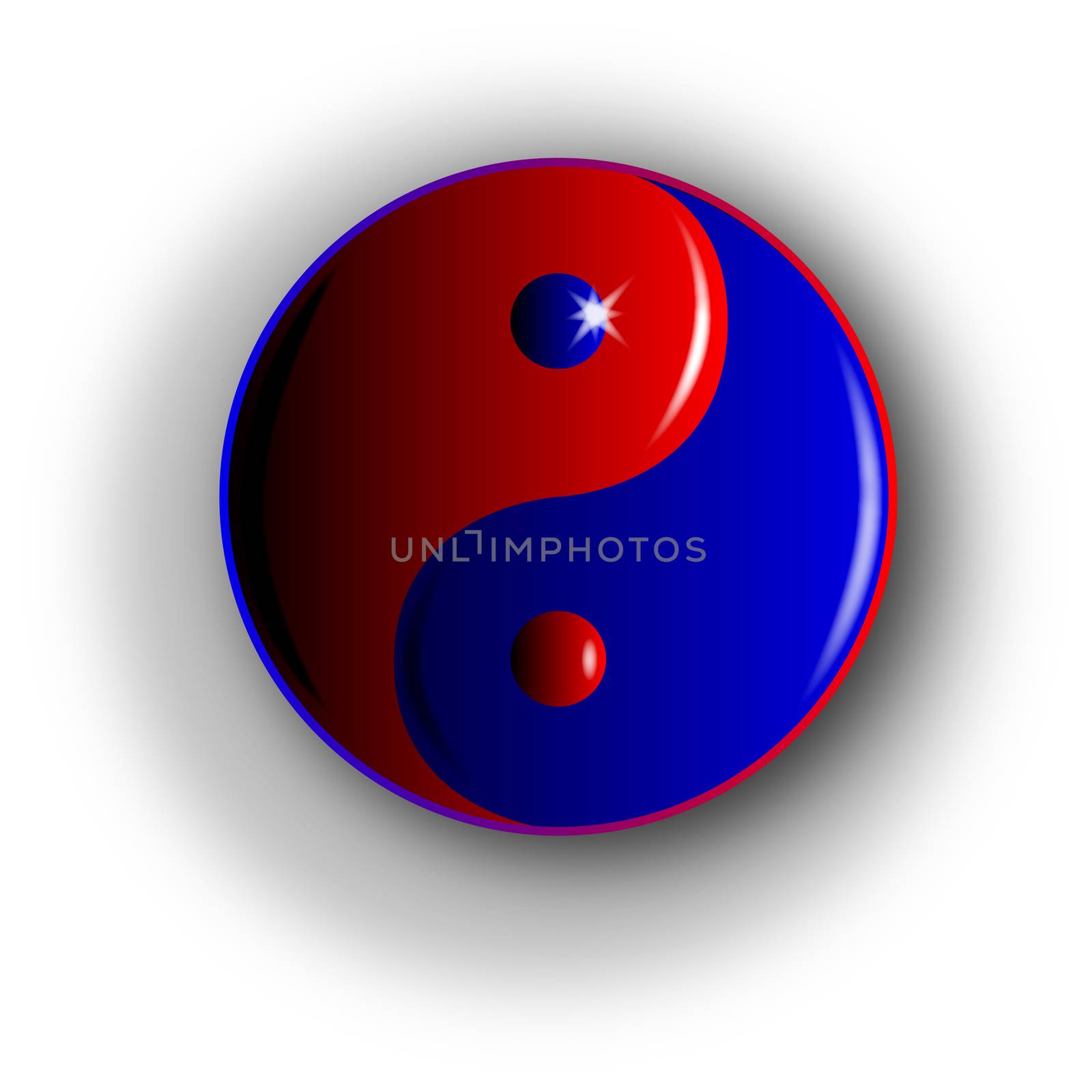 Yin and Yang in red and blue with shadow and light reflections