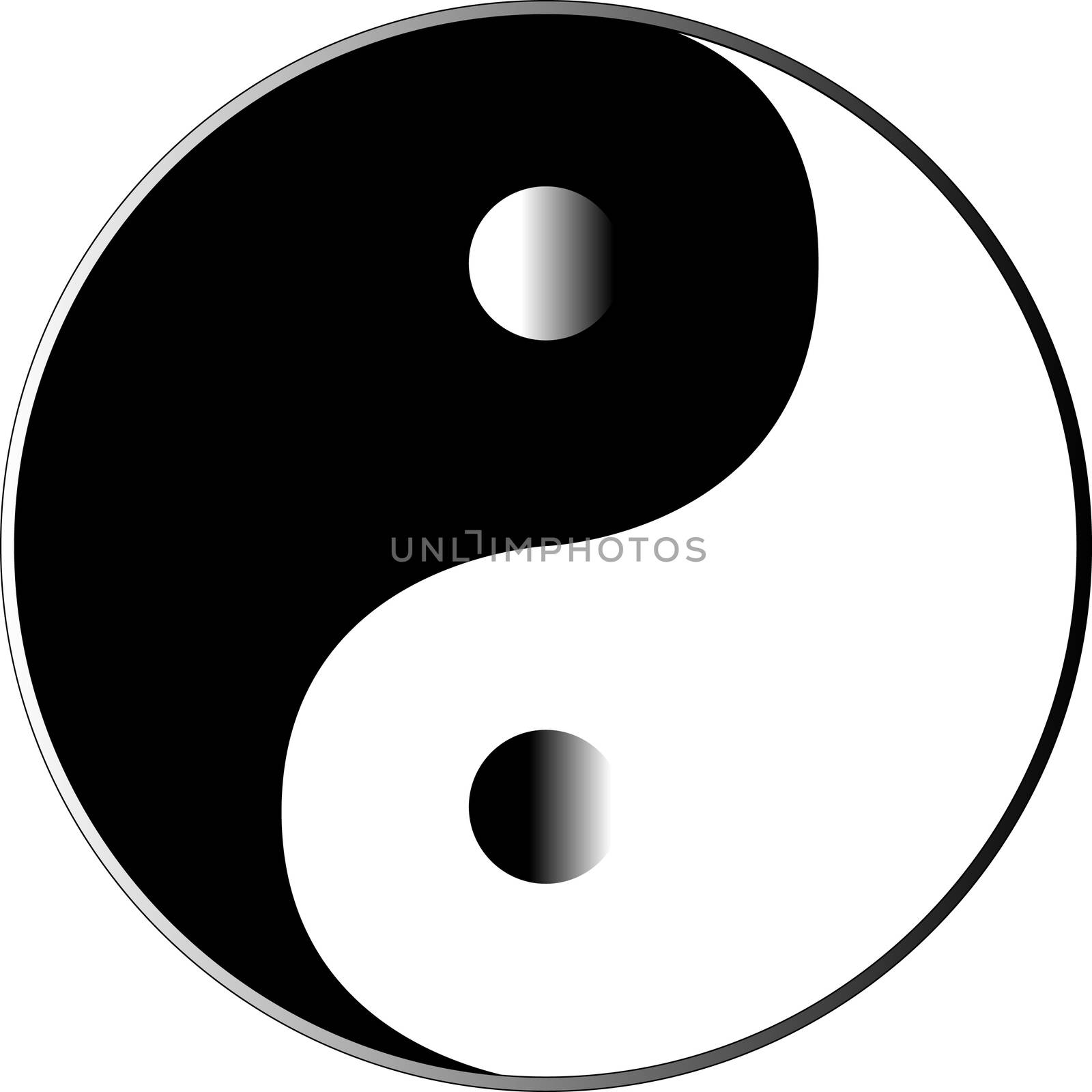 Yin and Yang in black and white with certain items in greyscale. Isolayed over white.