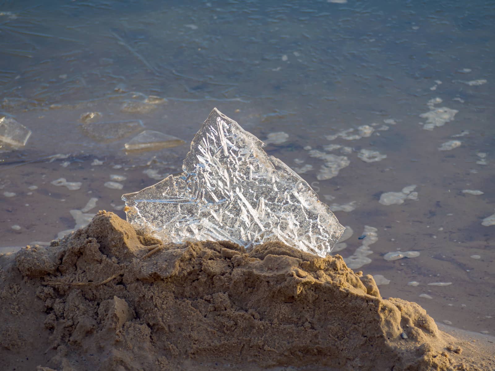 Close up of Ice on the beach. Beach on Eastern seaside of Europe in Estonia with ice chunks. Copy space for text box. Image for wallpaper and desktop