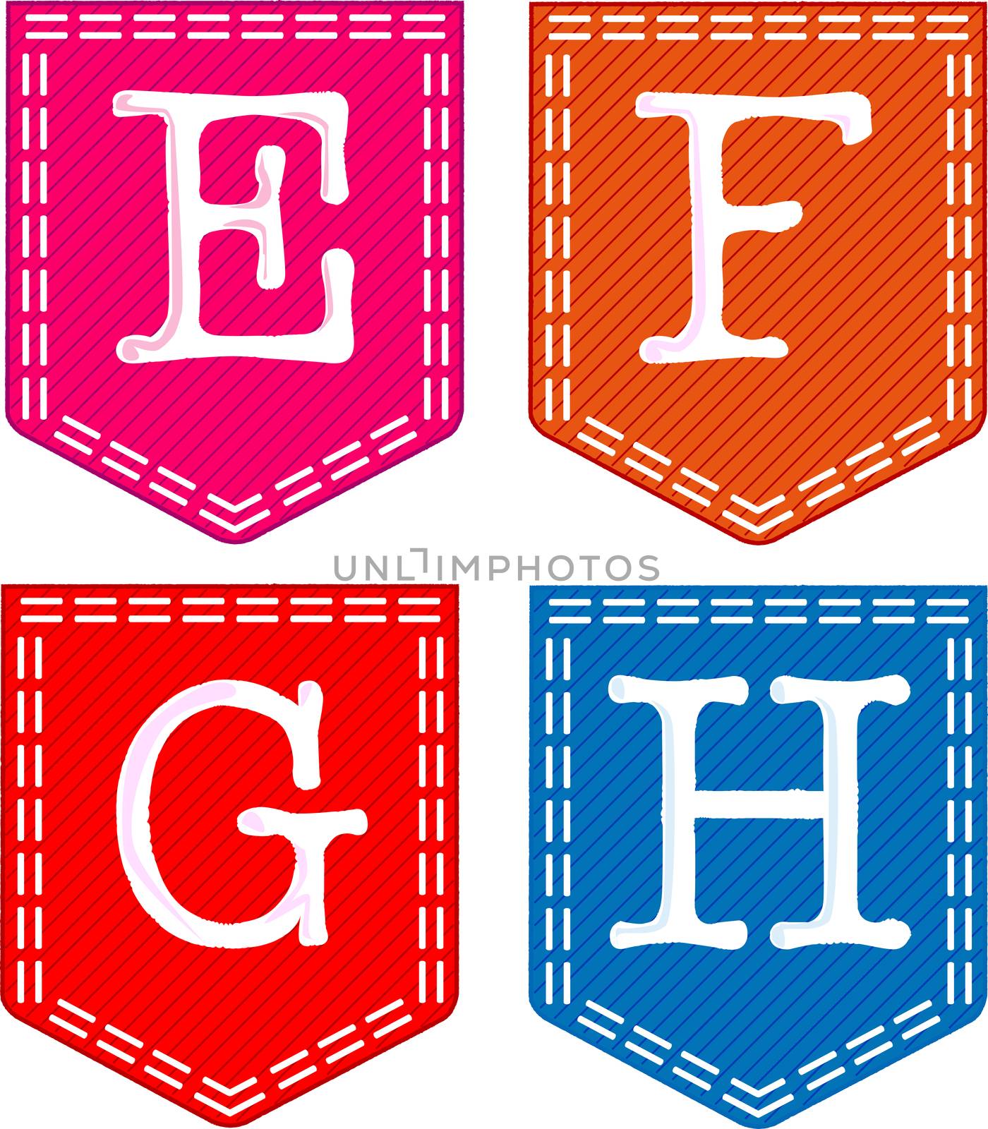 Material pockets with the letters E, F, G, H, sewn in.