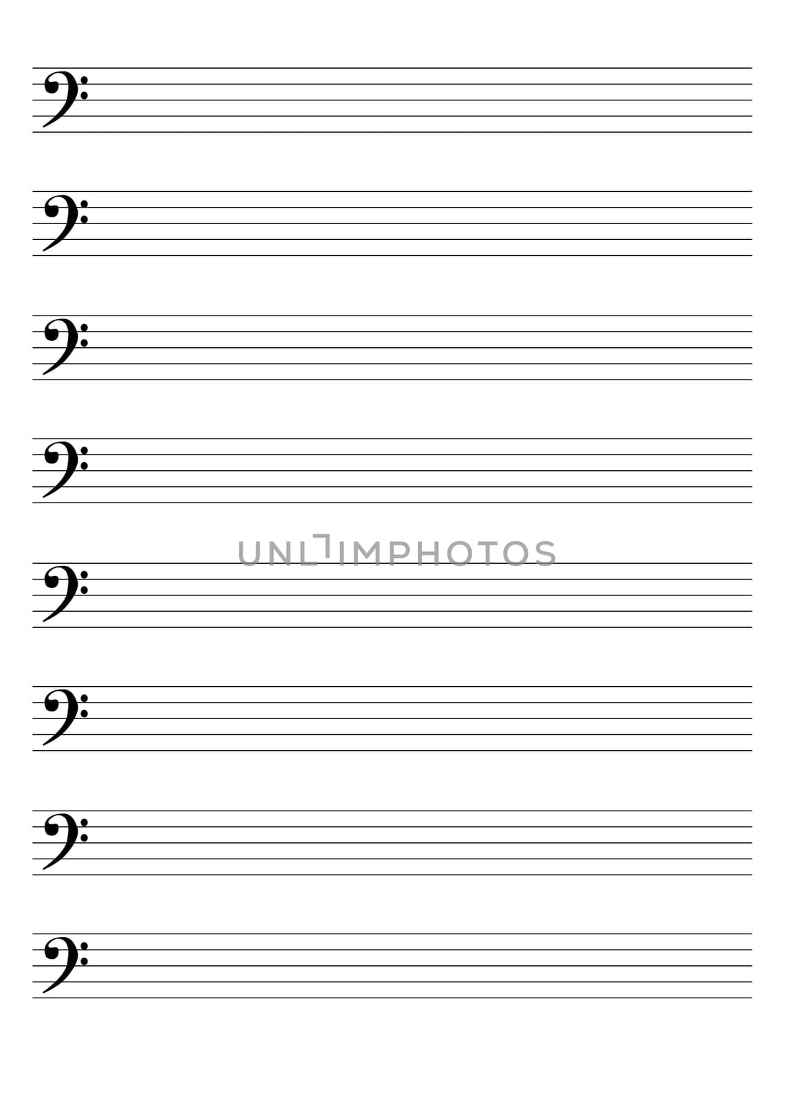 Eight bass clef staves isolated on a white background.