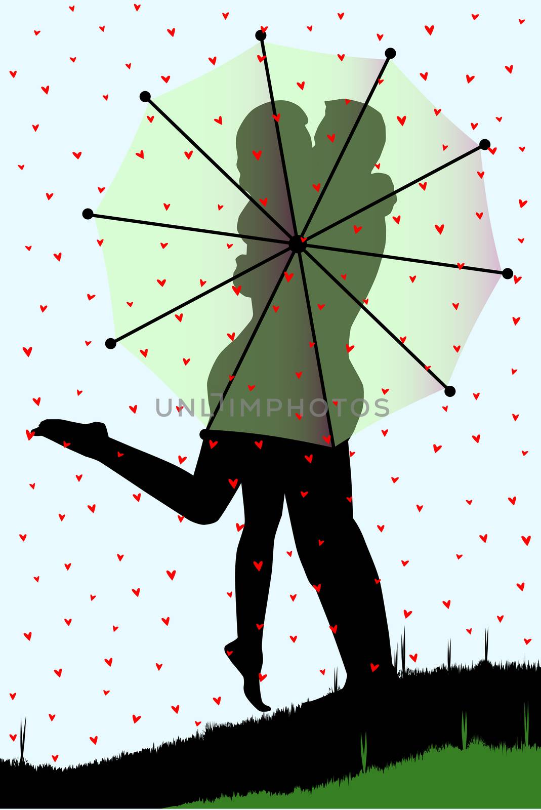 A courting couple, silhouetted, kissing behind an umbrella, during a downpour of red cupids hearts.