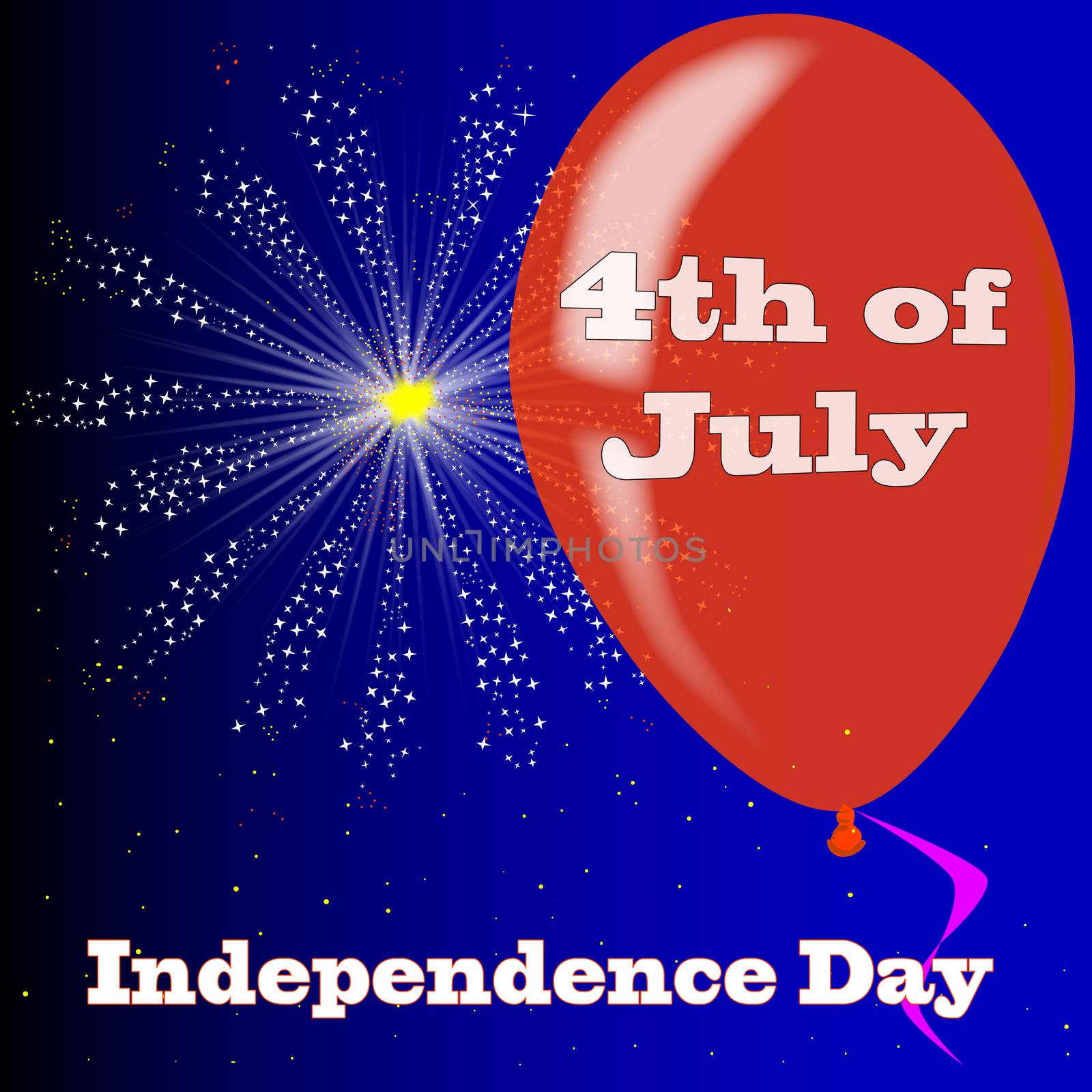 A flyaway red balloon with a skyrocket explosion with fallout, with the legends Independence Day and 4th of July.