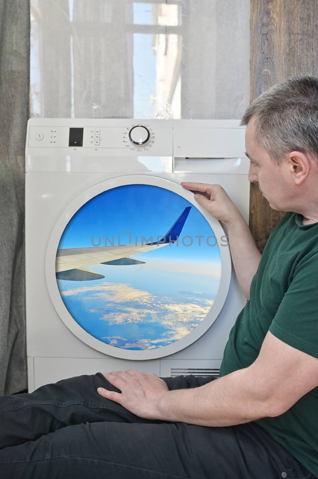 Isolation Male Passenger Looking Through A Washing Mashine Window Like A Plane