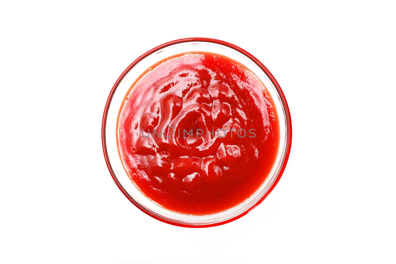 Bowl Of Ketchup Or Tomato Sauce On White Background Top View