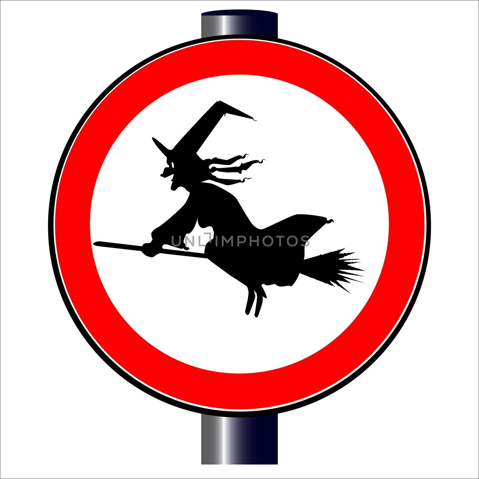 A isolated traffic sign with a witch inside it.