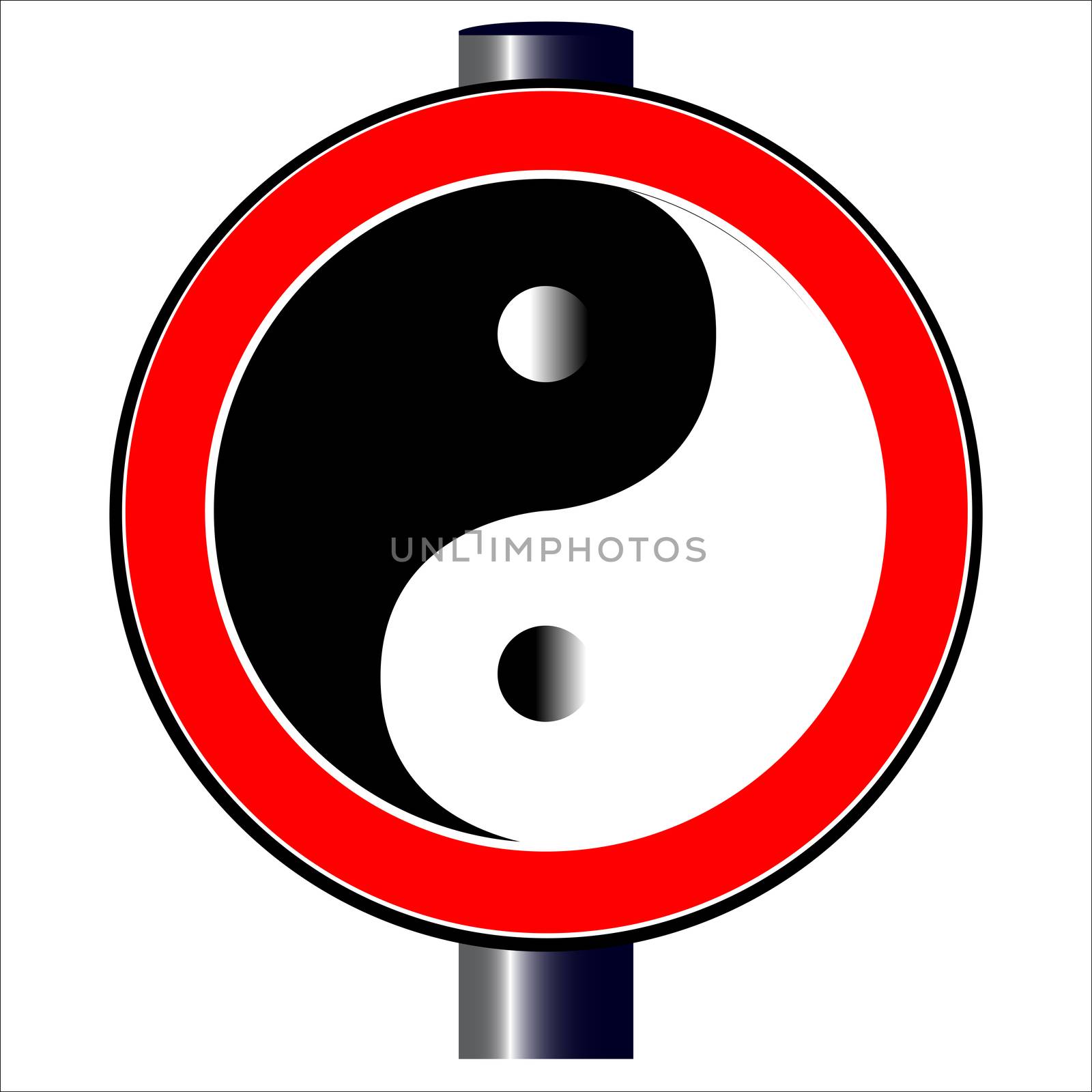 Yin and Yang in black and white in a traffic sign isolayed over white.