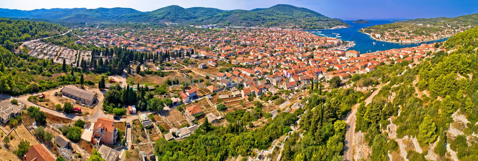 Town of Vela Luka on Korcula island aerial panoramic view, archipelago of southern Dalmatia, Croatia
