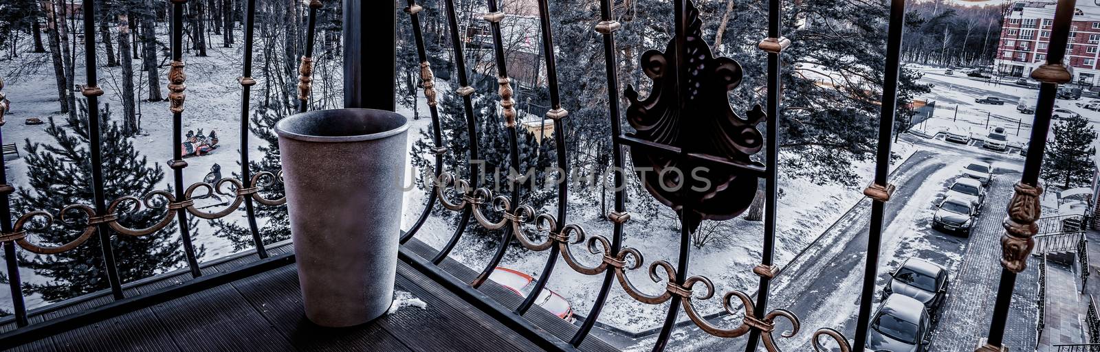 The view from the balcony of the city in the winter on snow-covered landscaped courtyard. by bonilook