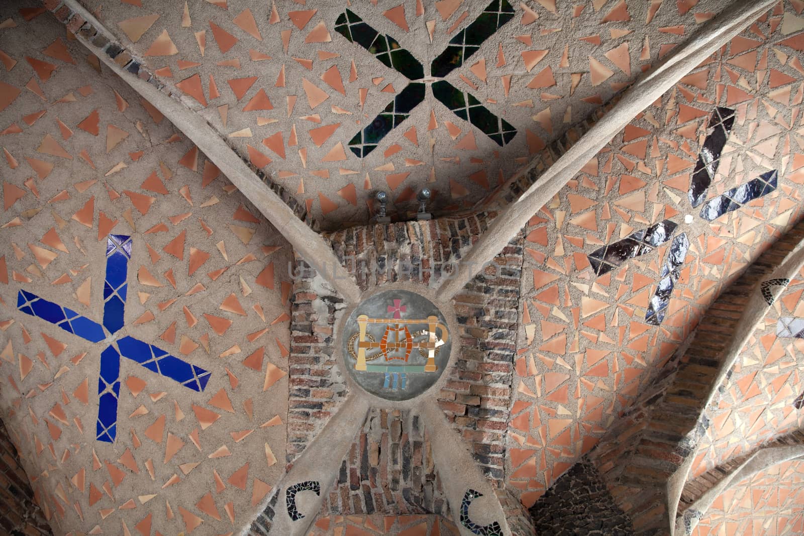 Santa Coloma de Cervello, Spain - 15 January 2019: Church of Colonia Guell ceiling close-up