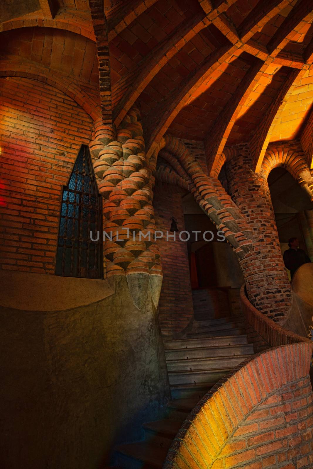 Santa Coloma de Cervello, Spain - 15 January 2019: Church of Colonia Guell interior stairs