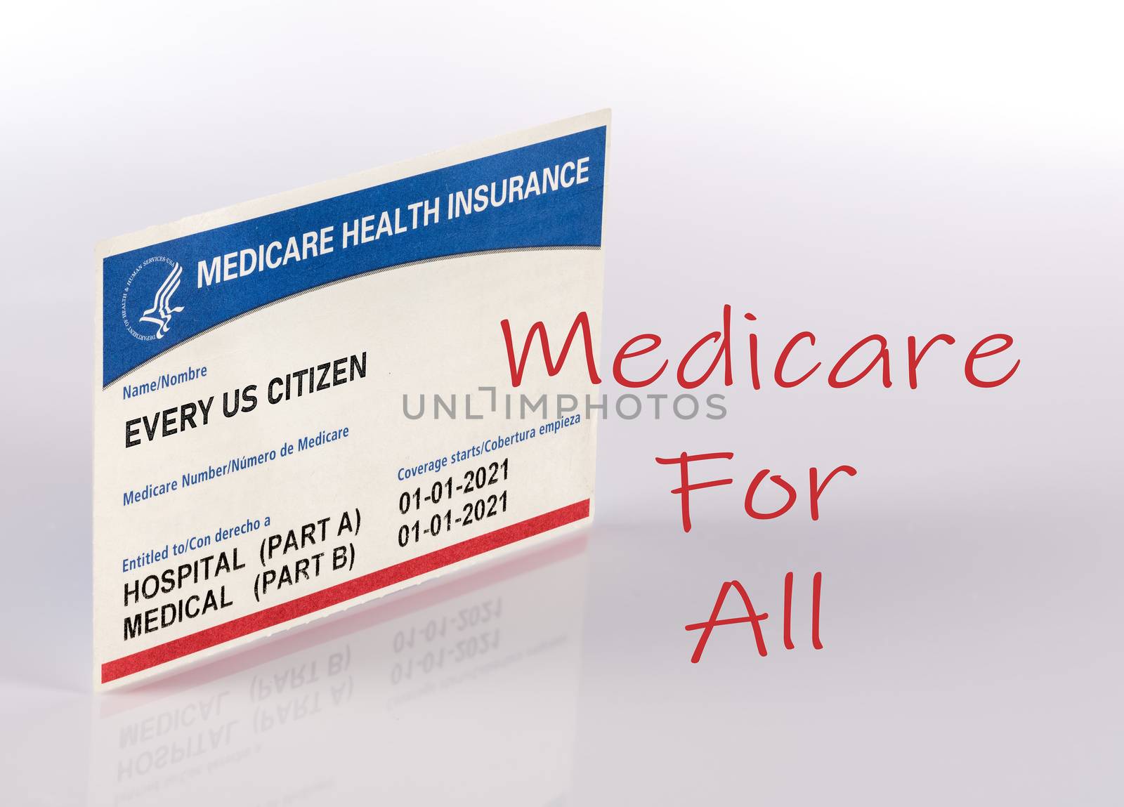 USA medical insurance card for medicare with text Medicare for All against a white background