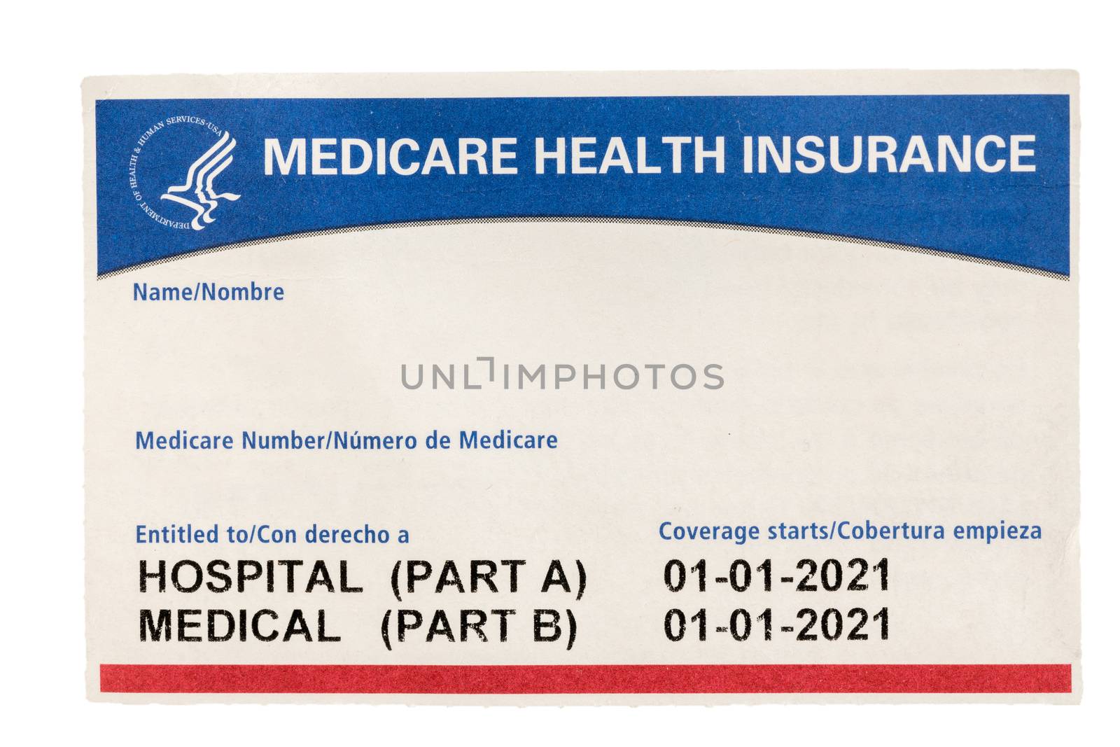 Blank and empty unfilled USA medical insurance medicare card isolated against a white background