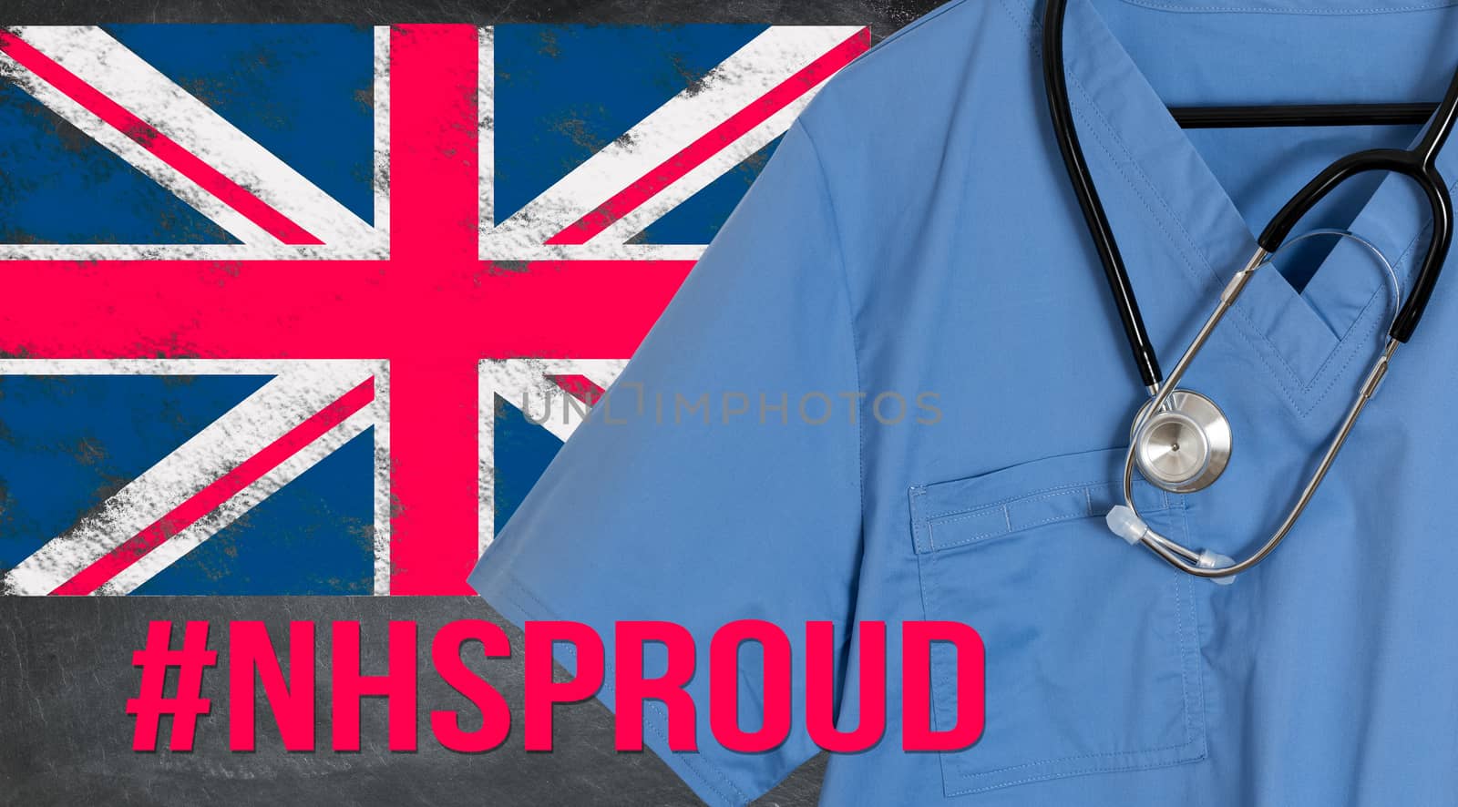 Blue doctor scrubs shirt and stethoscope hang in front of British flag. Illustration of medical staff being heroes in treating coronavirus epidemic