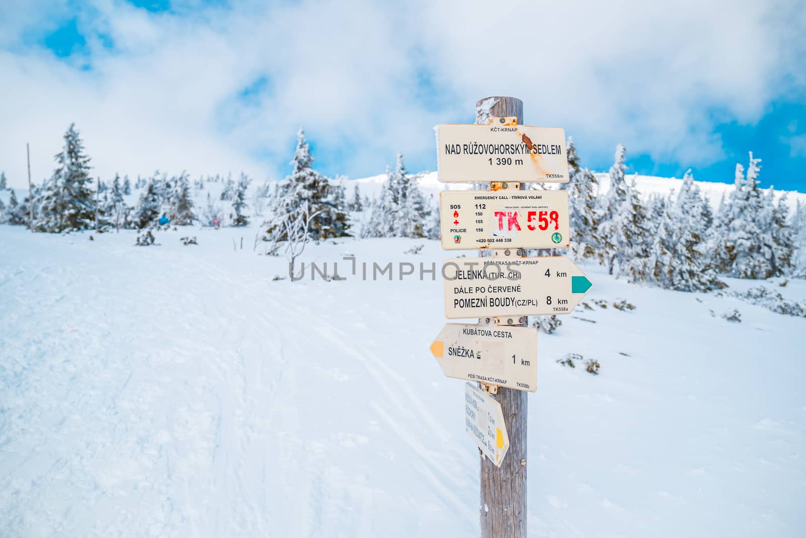 Tourist Signpost on the top of the Highest Mountain - Snezka, Krkonose, Czech Republic