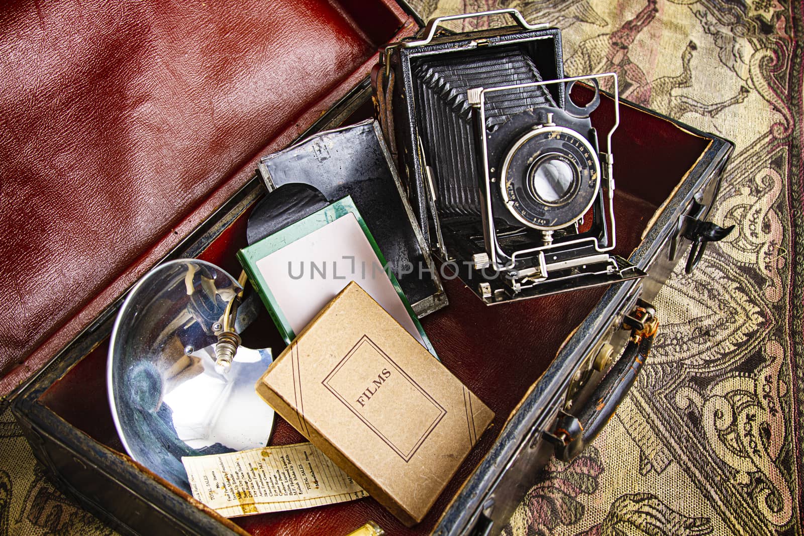 vintage case of camera equipment containing medium format camera, film boxe, flash, and notes