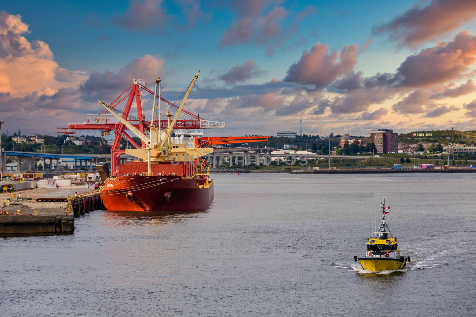 Heavy red tanker at port in Saint John, New Brunswick, Canada