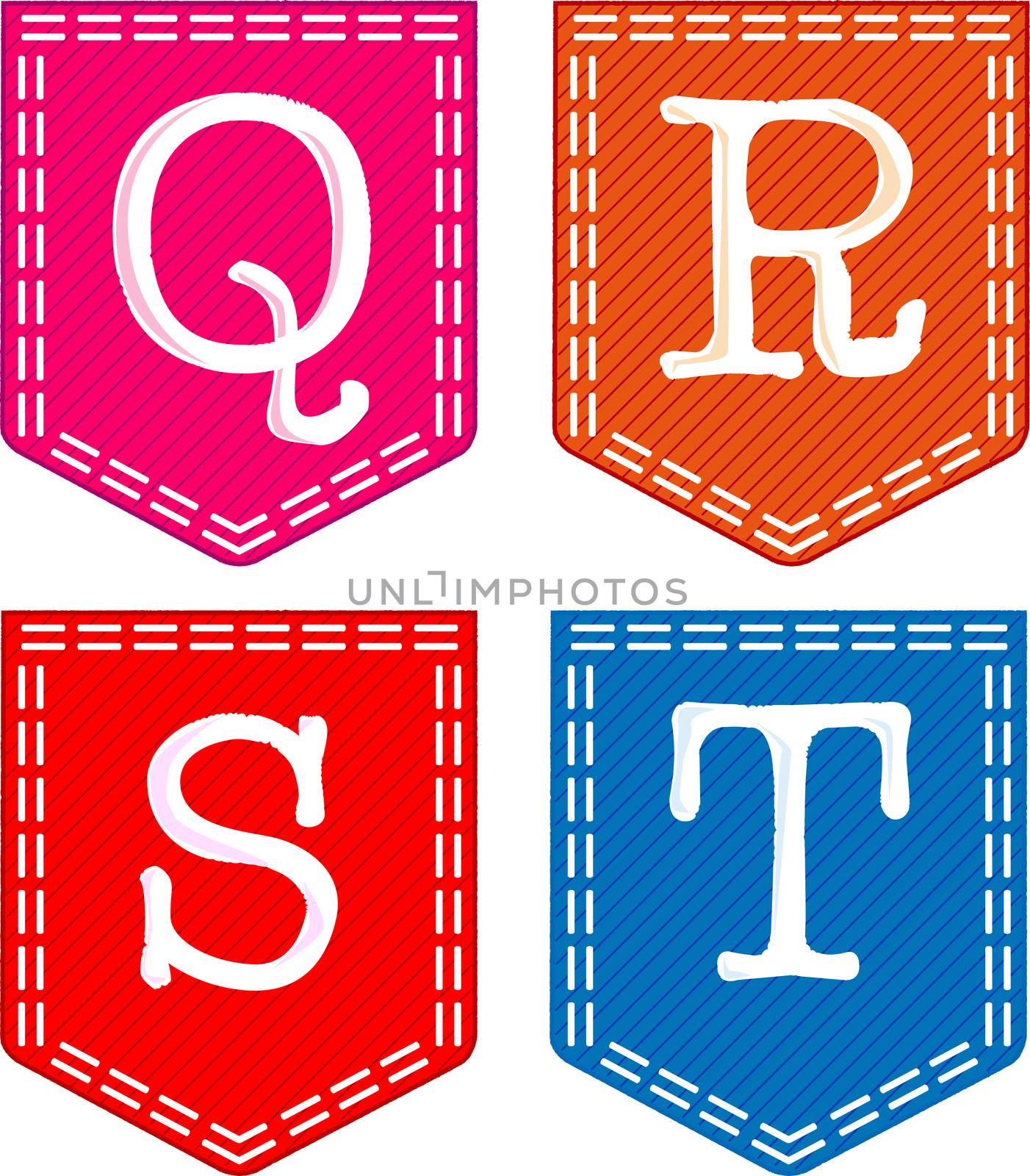 Four letters, Q, R, S, and T, sewn into a fabric pocket.