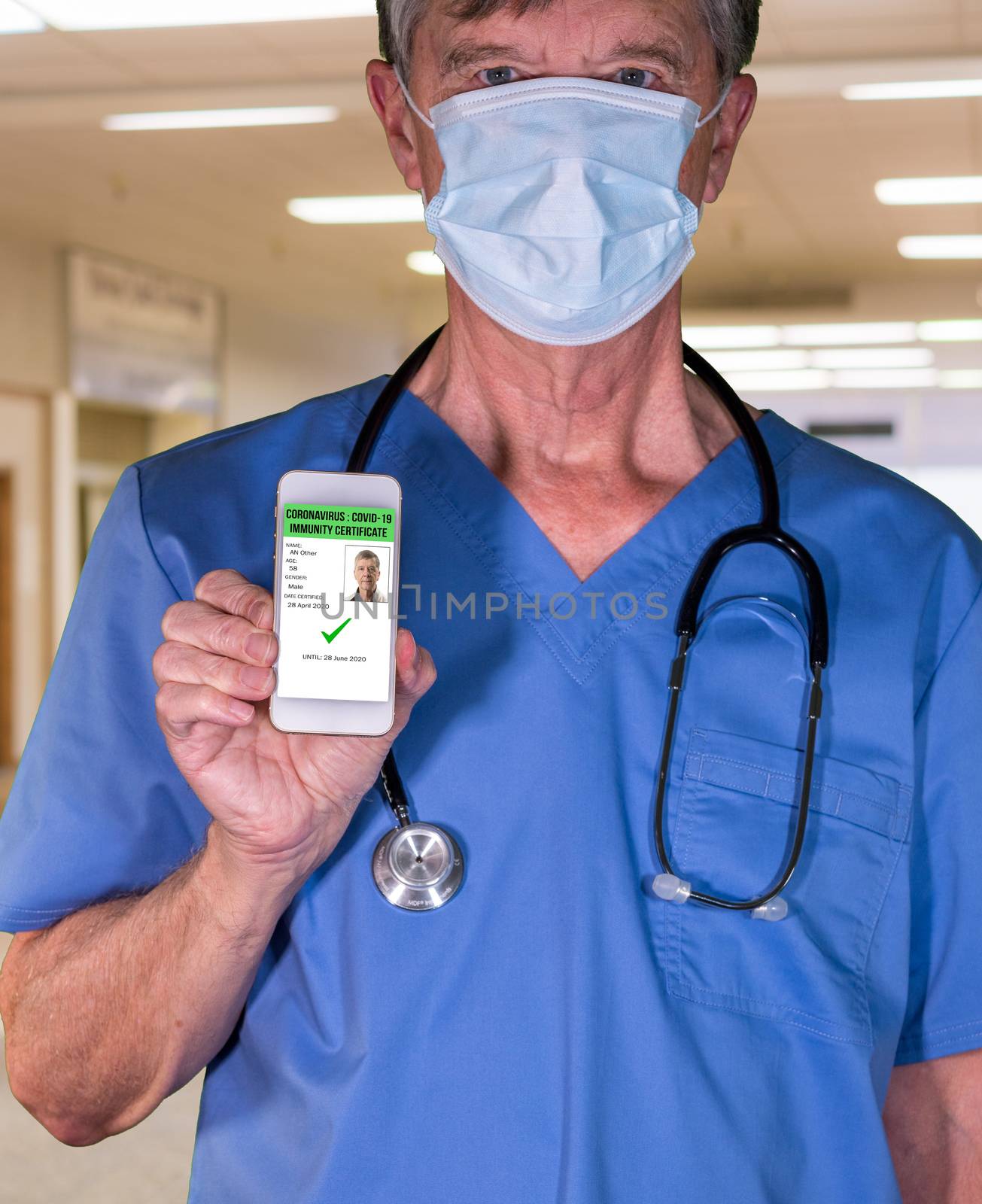 Male doctor concept of immunity testing and certification on smartphone app to allow people to go back to work after negative test