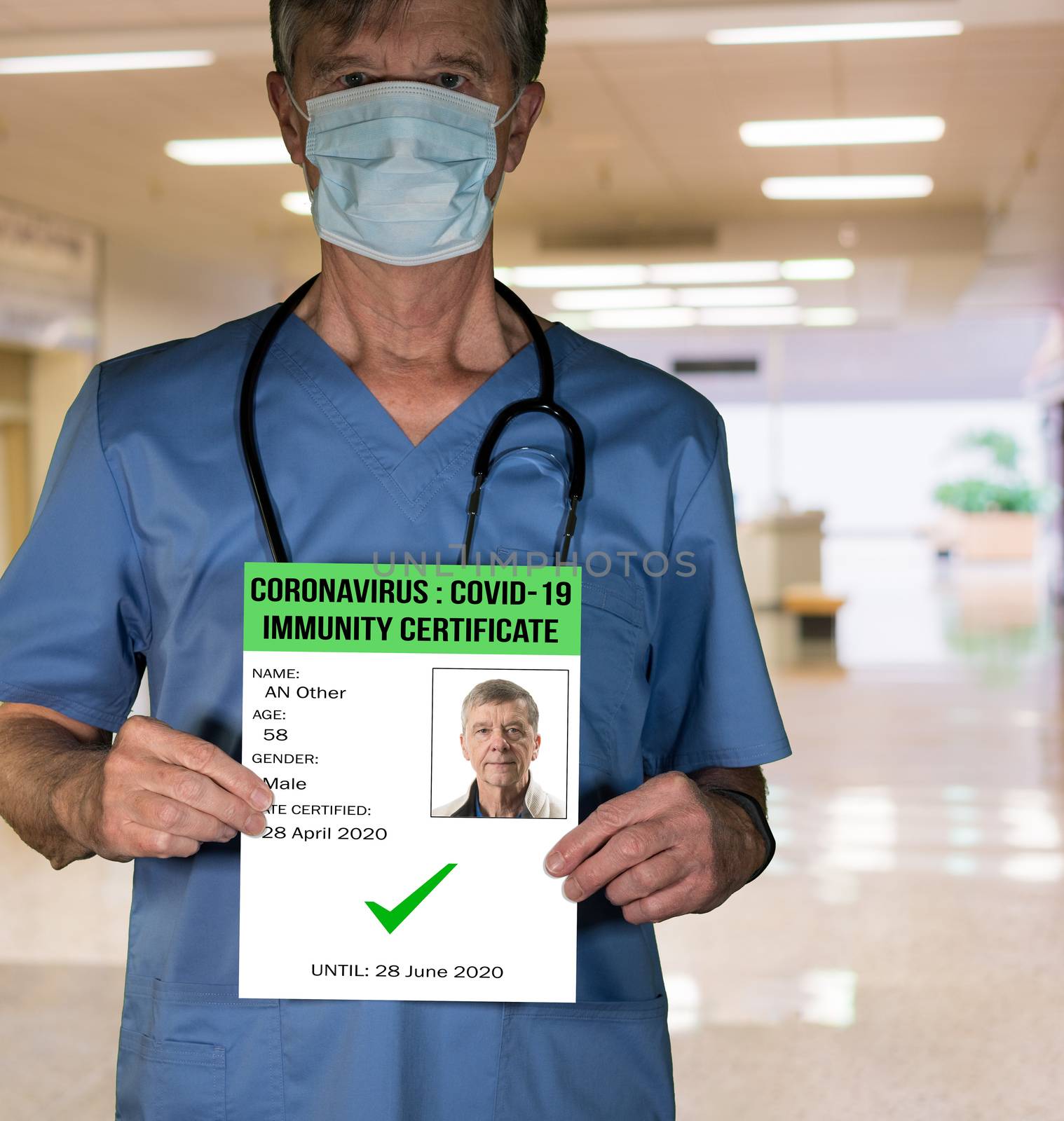 Concept of male doctor with Immunity Certificate and back to work in hospital by steheap