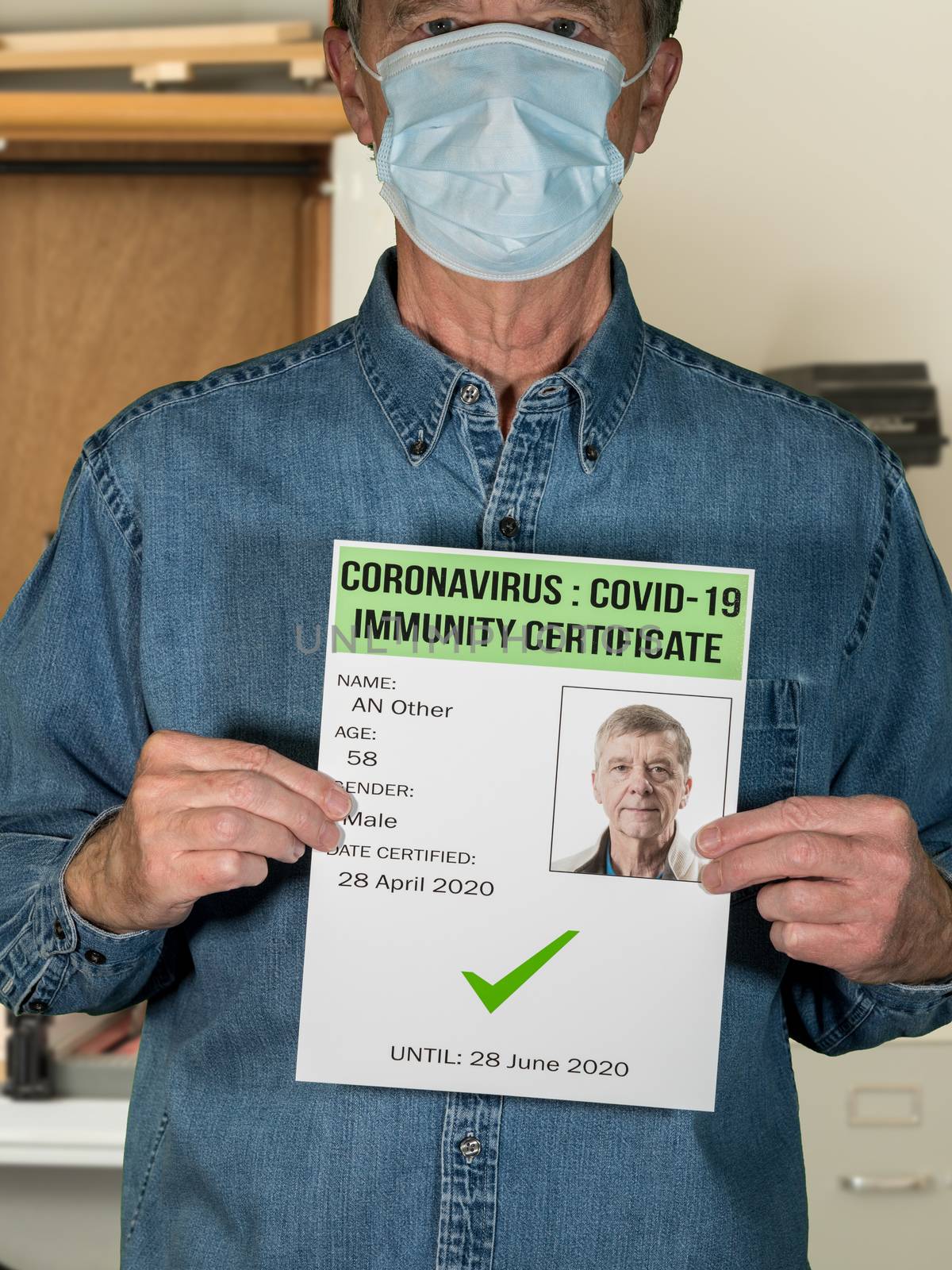 Male blue collar worker concept of immunity testing and certification to allow people to go back to work after negative test