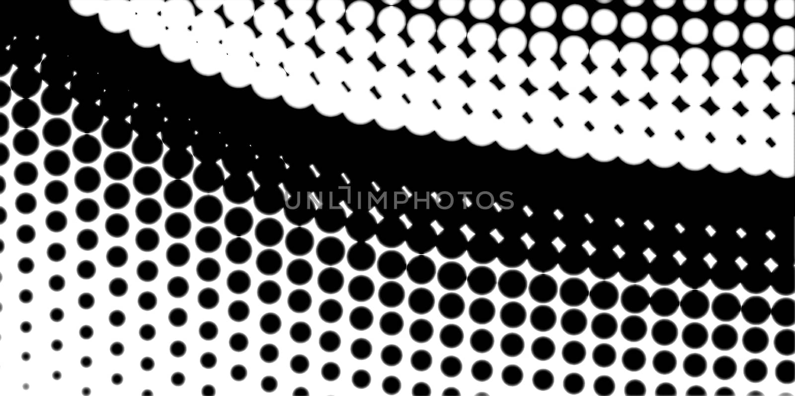 A half tone image with white dots set against a black background and black dots against a white background.