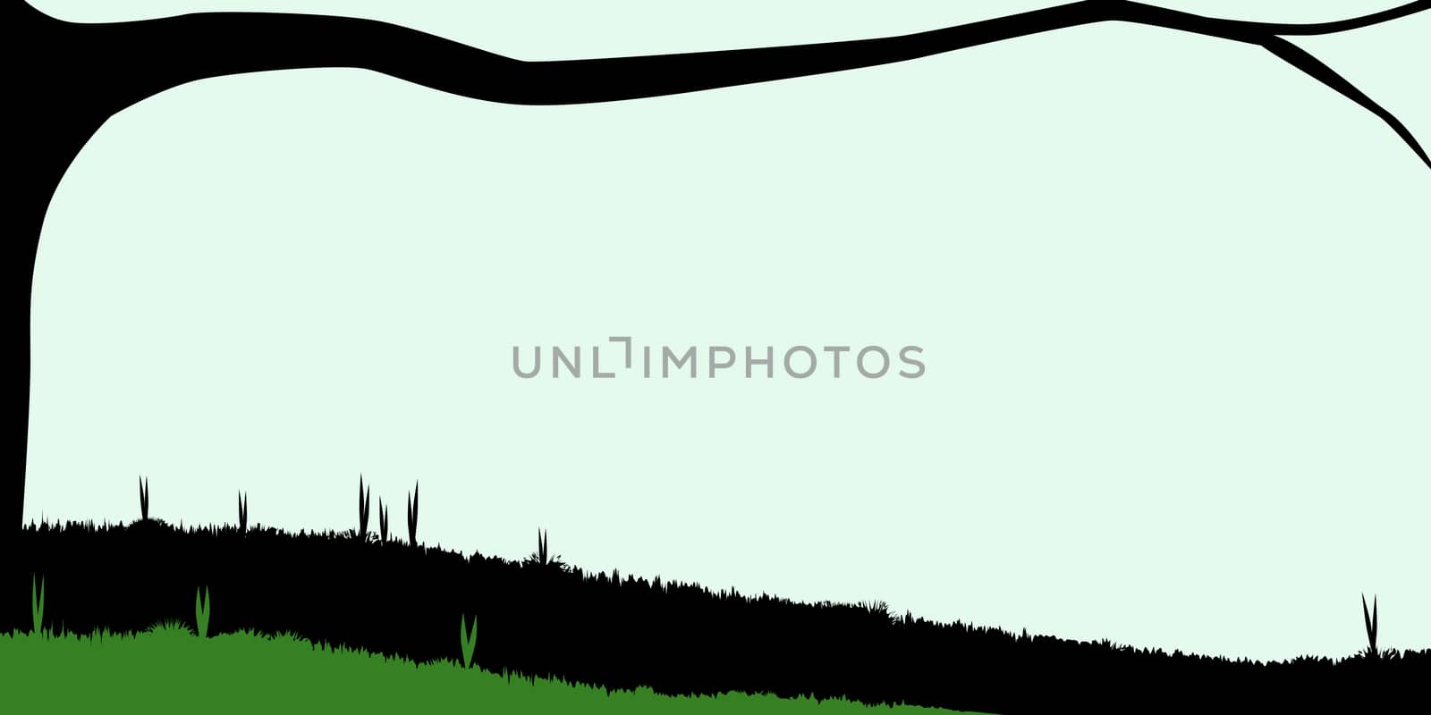 Silhouette of a branch stretching out over a meadow.