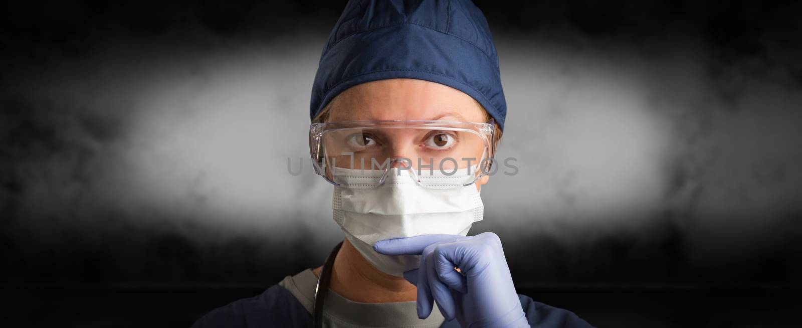 Banner of Female Doctor or Nurse In Medical Face Mask and Protective Gear. by Feverpitched
