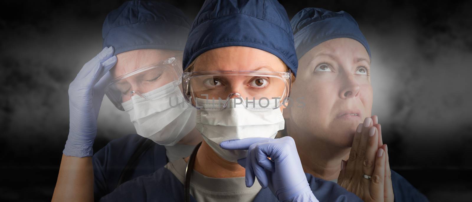 Female Doctor or Nurse Wearing PPE Crying, Praying and Facing Forward - Iluustrating The Varying Emotions Involved In Her Job. by Feverpitched