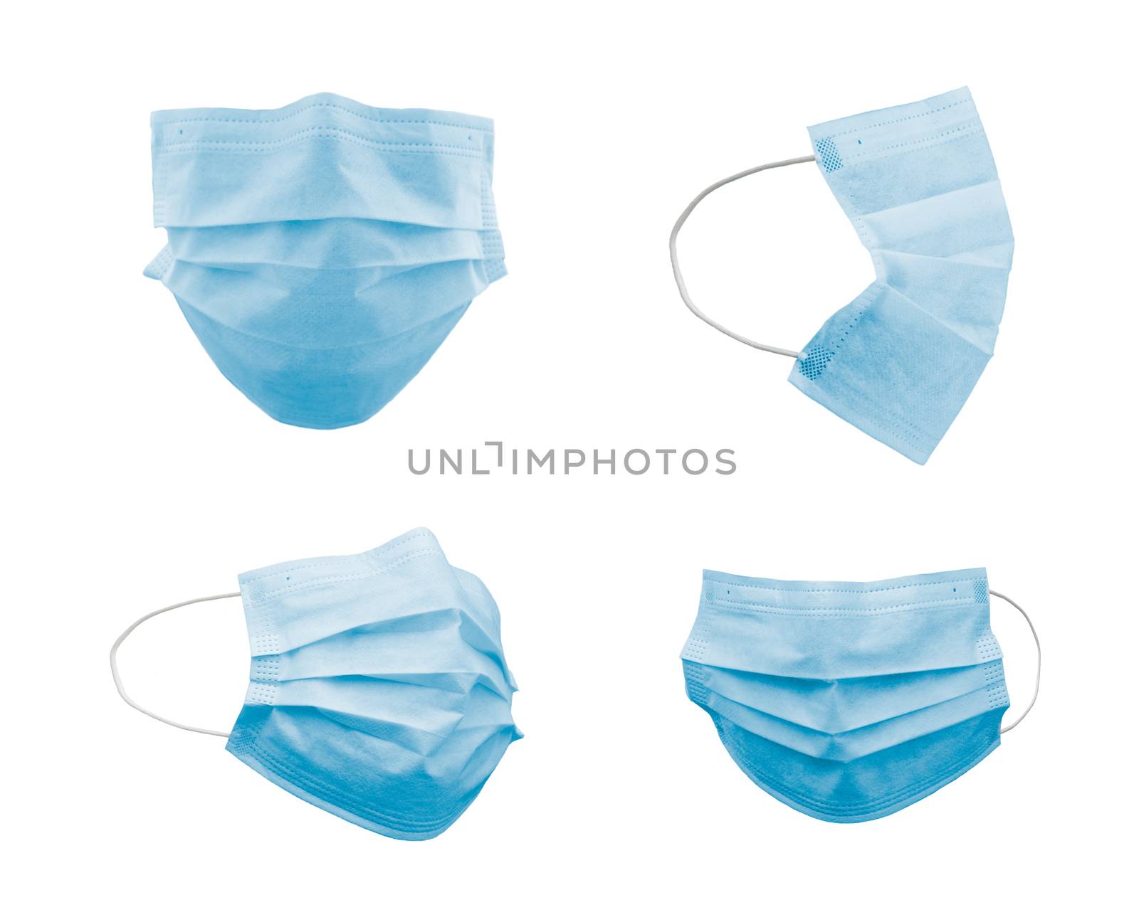 Collection of Blue Medical Face Masks At Different Angles Isolated on White. by Feverpitched