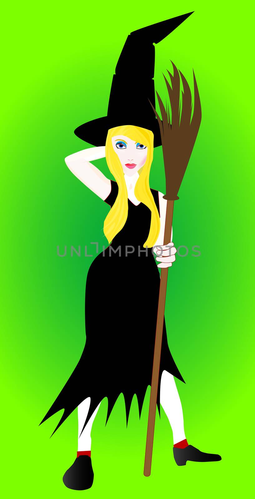A young blonde witch holding a broomstick.